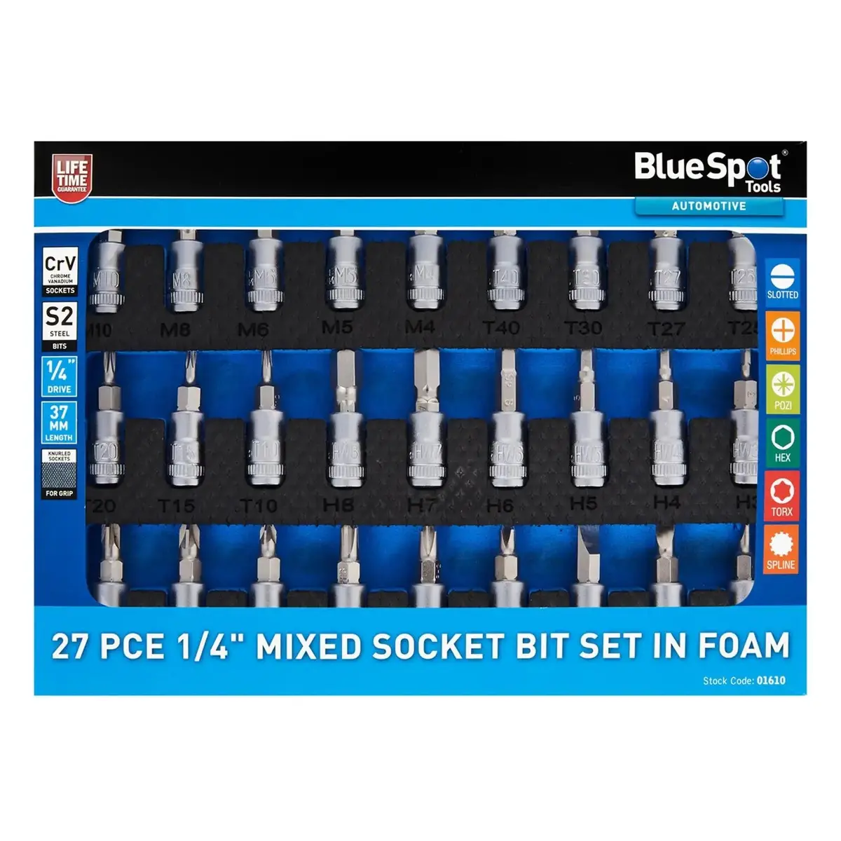 Bluespot Mixed Socket Bit Set Eva Foam Tray 1/4" 27 Piece 1