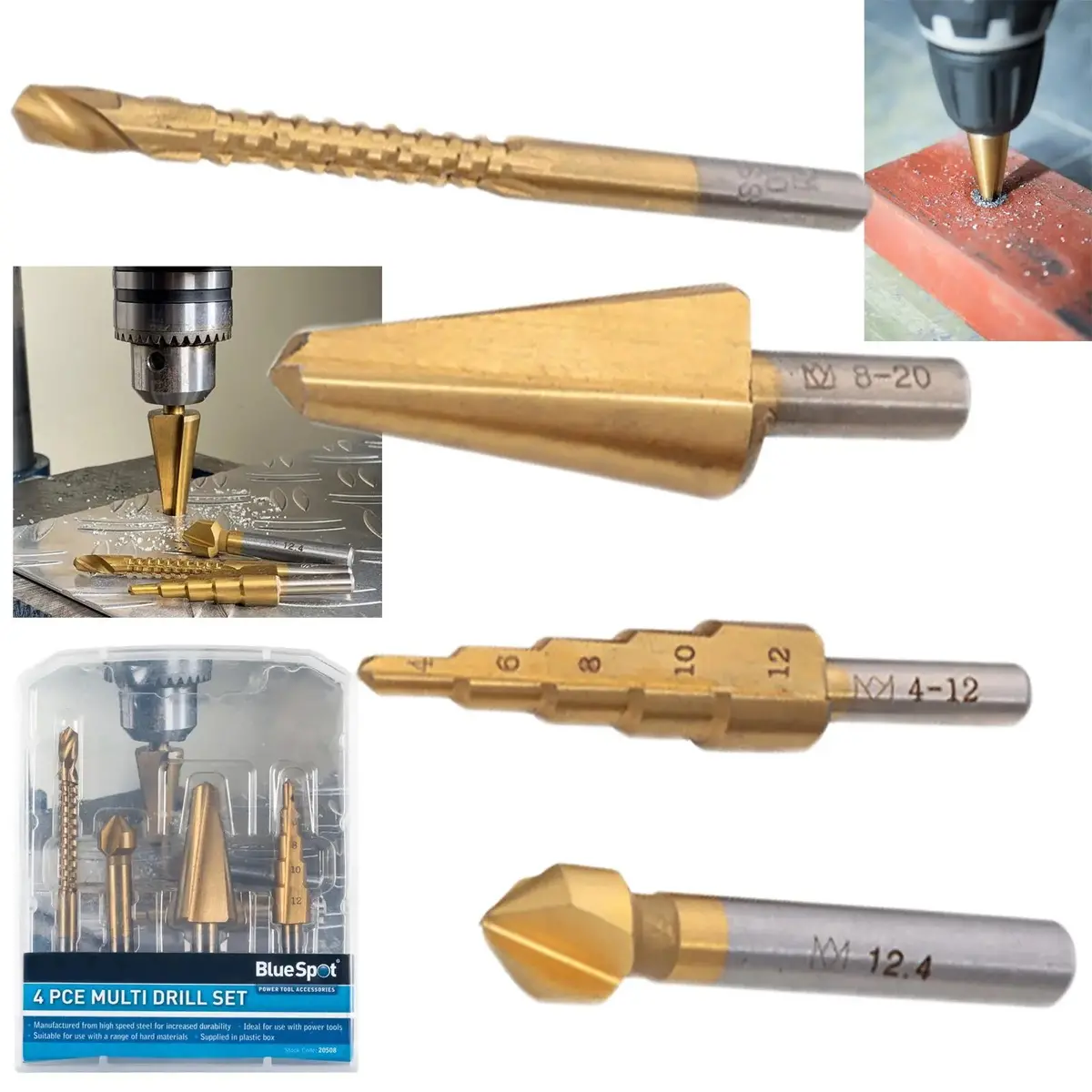 Bluespot Multi Drill Set 4 Piece Countersink Step Taper Saw Bits 1