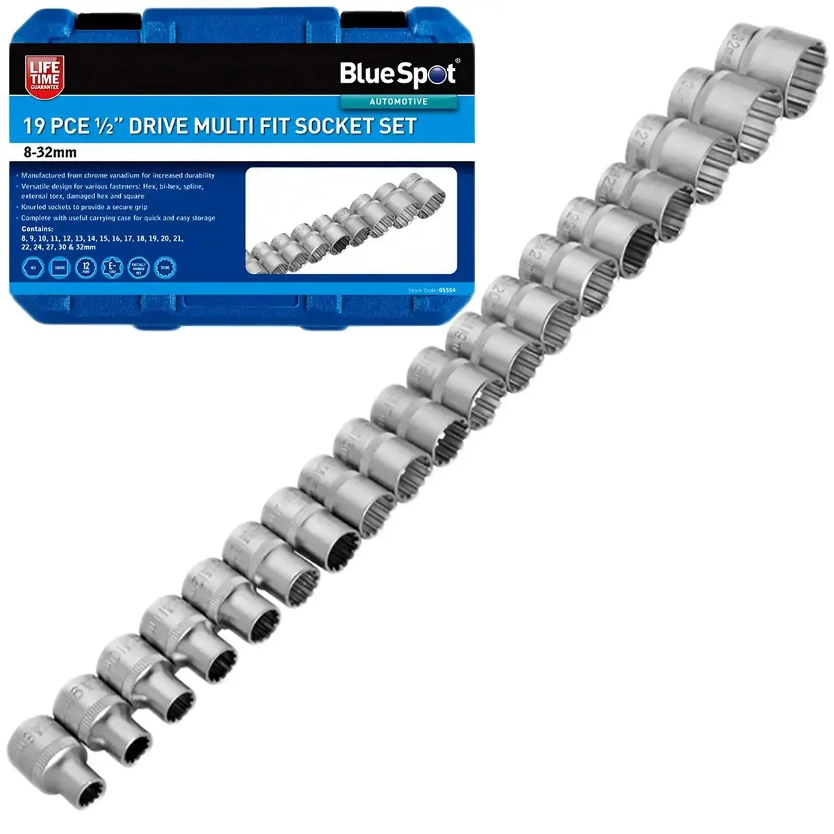 Bluespot Multi Fit Socket Set 1/2" Drive 19 Piece 8-32Mm In Storage Case 1