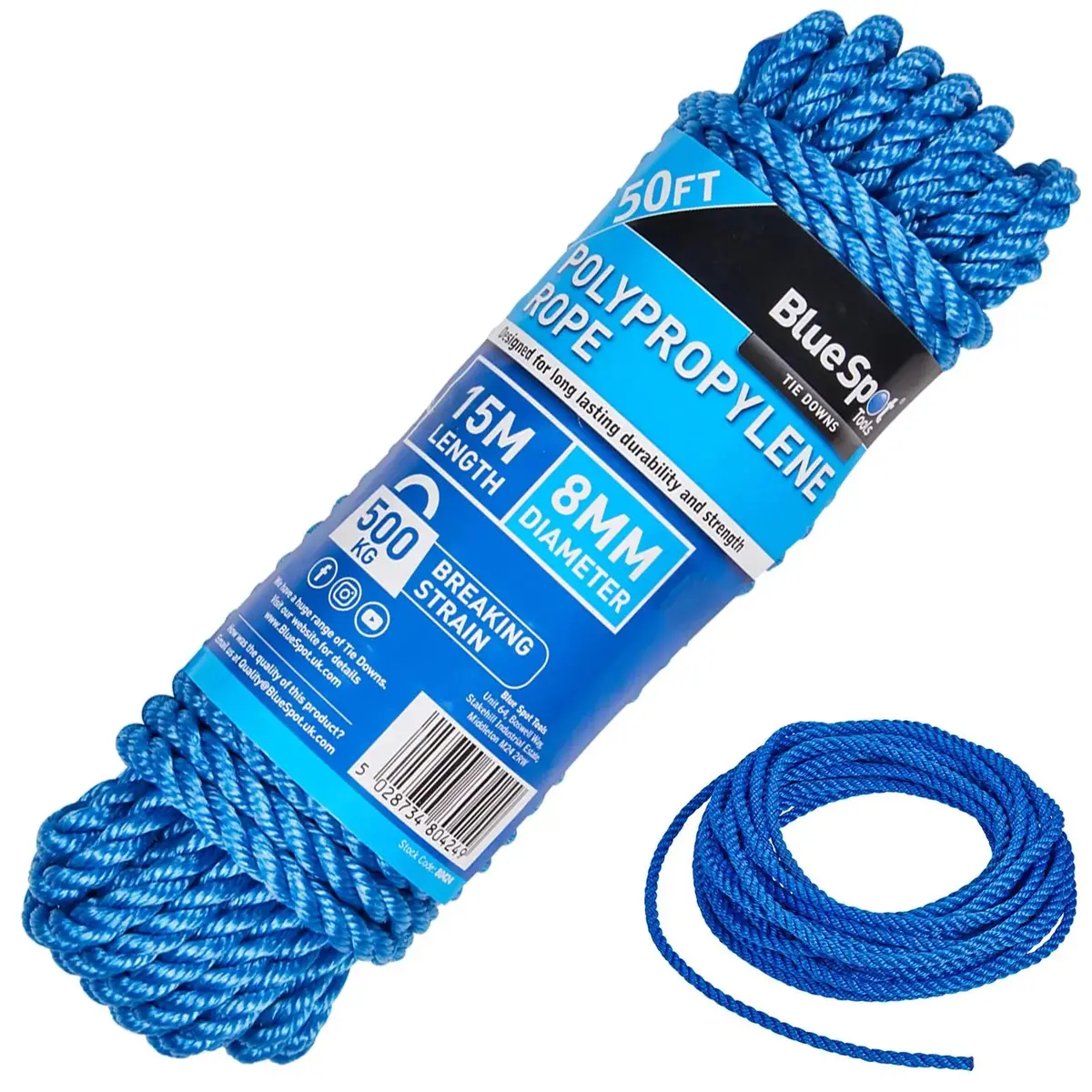 Bluespot Polypropylene Rope Blue 15M X 8Mm 50Ft 1