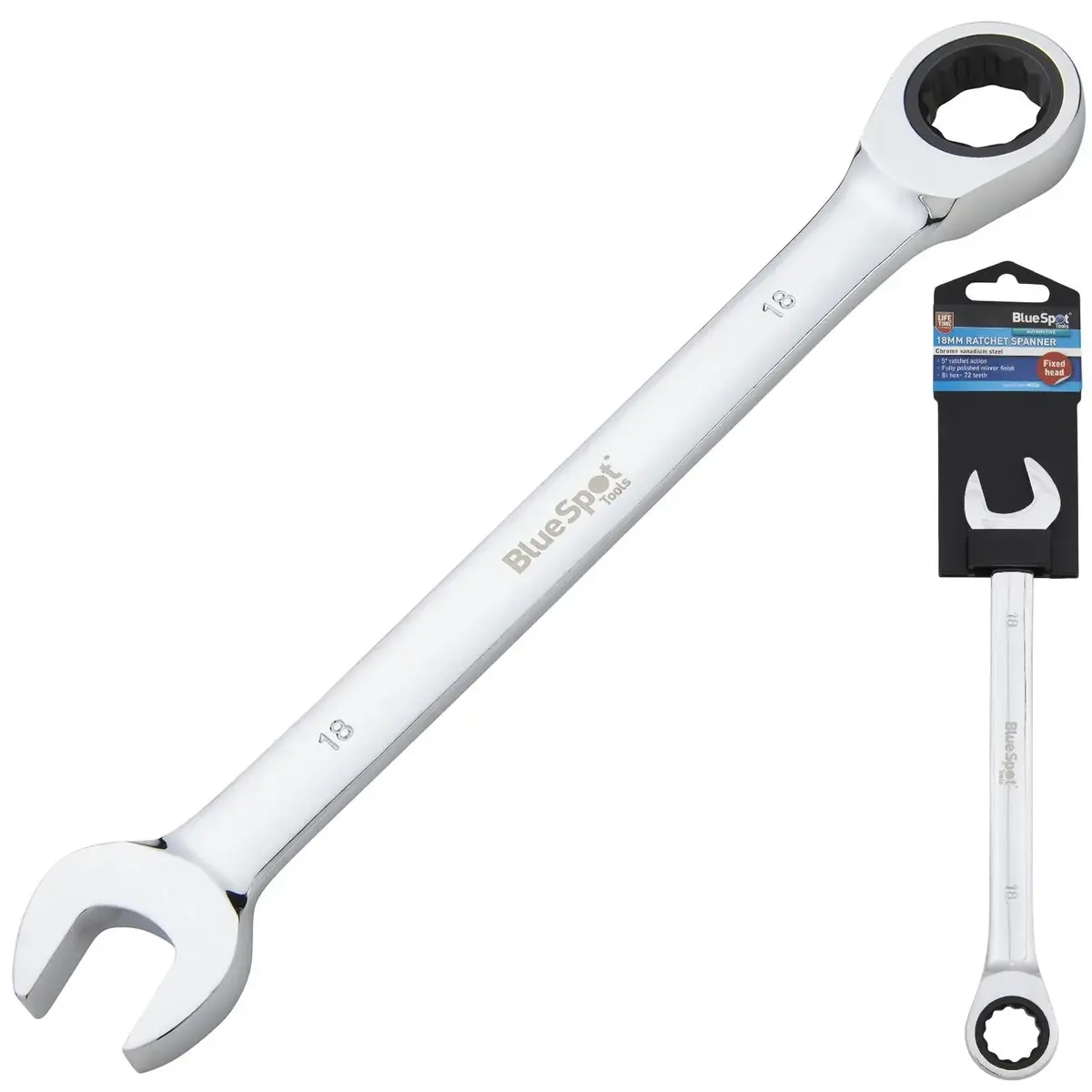 Bluespot Ratchet Combination Spanner Fixed Head Chrome Vanadium 18Mm 1