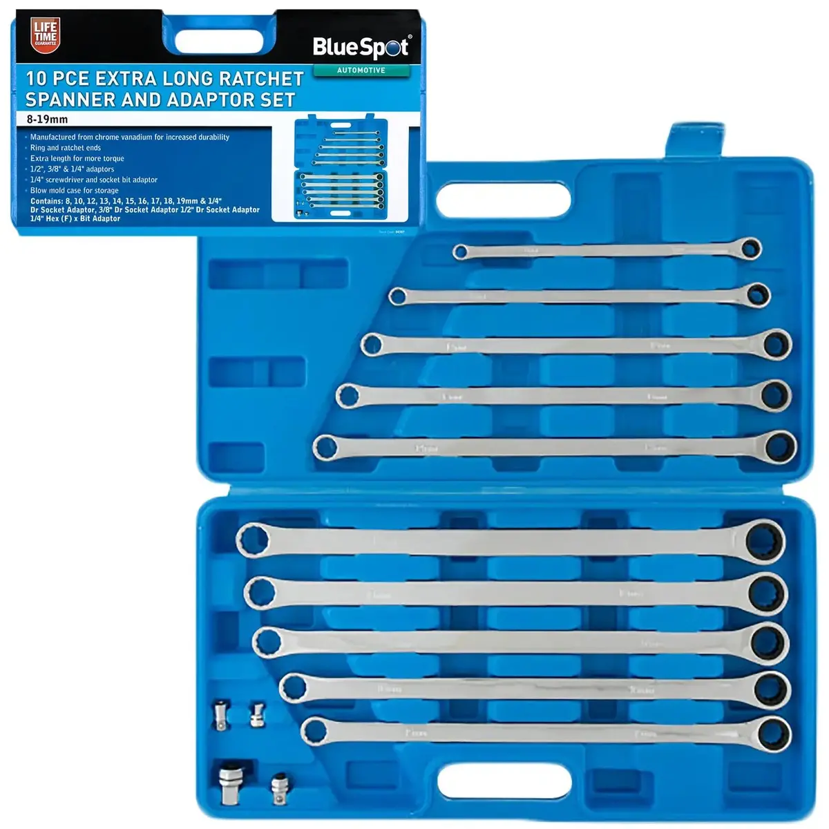 Bluespot Ratchet Ring Spanner And Adaptor Set Extra Long 8-19Mm 10 Piece 1