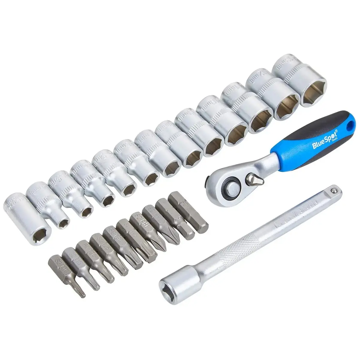 Bluespot Ratchet Socket And Bit Set 25Pc 1/4" Drive 4-13Mm 1/4" Hex T10-T40 Torx 1