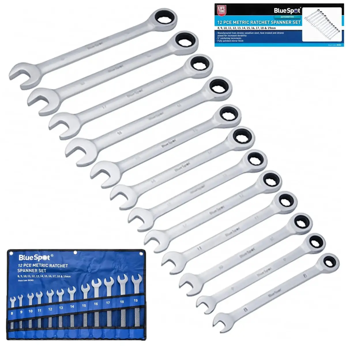 Bluespot Ratchet Spanner Set 12 Pieces Metric 8-19Mm In Tool Roll 1