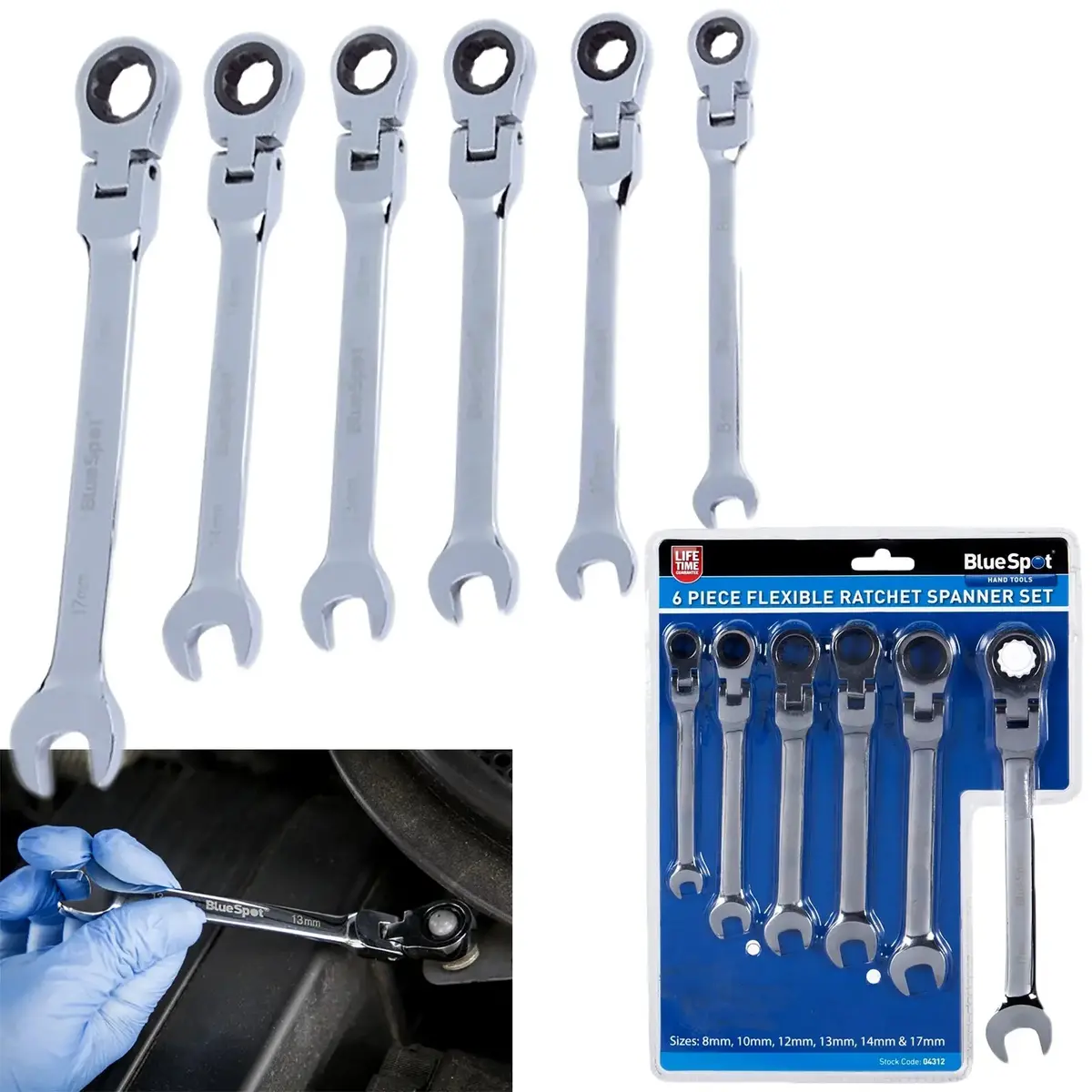 Bluespot Ratchet Spanner Set Flexible Head Combination 6 Piece 8-17Mm 1