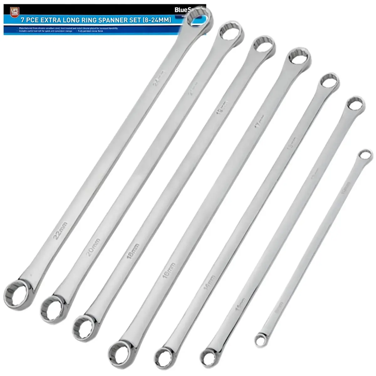 Bluespot Ring Spanner Set Extra Long 7 Piece 8-24Mm Tool Roll 230-430Mm 1