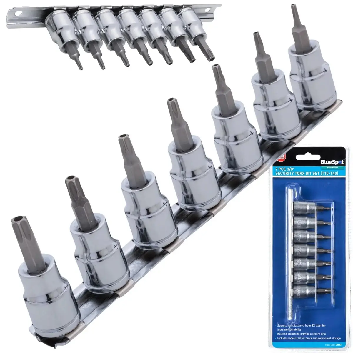 Bluespot Security Torx Bit Set 3/8" Drive 7 Piece T10-T40 On Socket Rail 1