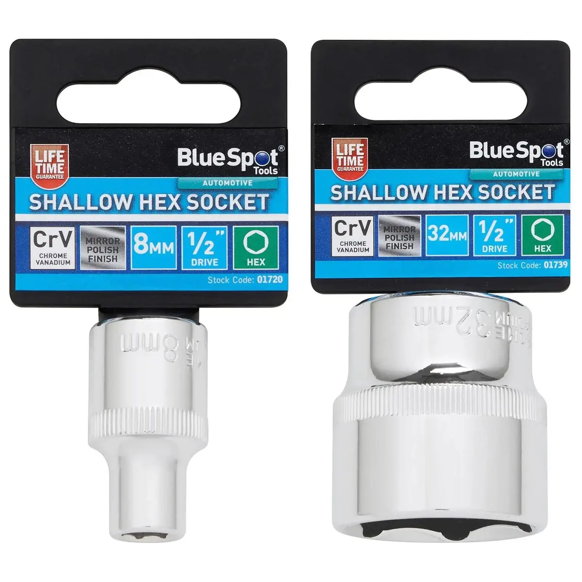 Bluespot Shallow Socket 1/2" Drive 6 Point Hex Chrome Individual 8-32Mm - Choose Size 1