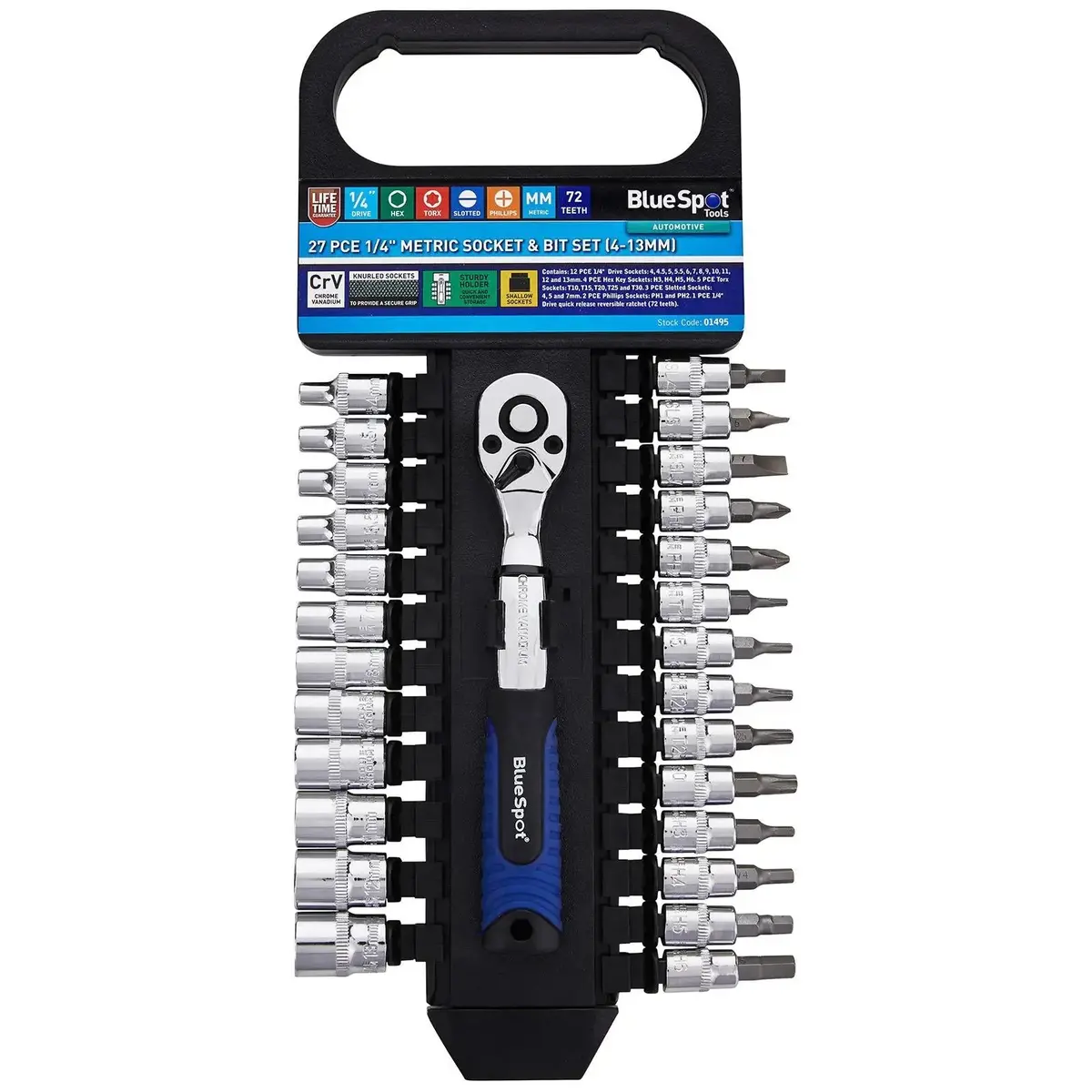 Bluespot Socket Set And Bit Set With Ratchet Handle 1/4" Drive 4-13Mm 27 Piece 1