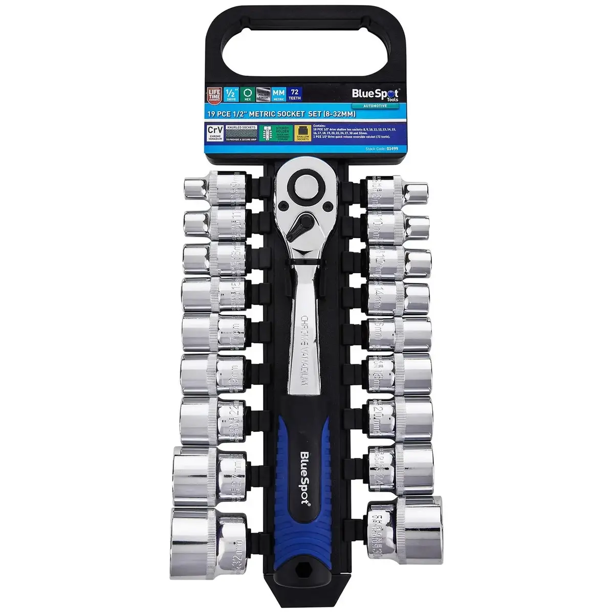 Bluespot Socket Set With Ratchet Handle 1/2" Drive 8-32Mm 19 Piece 1