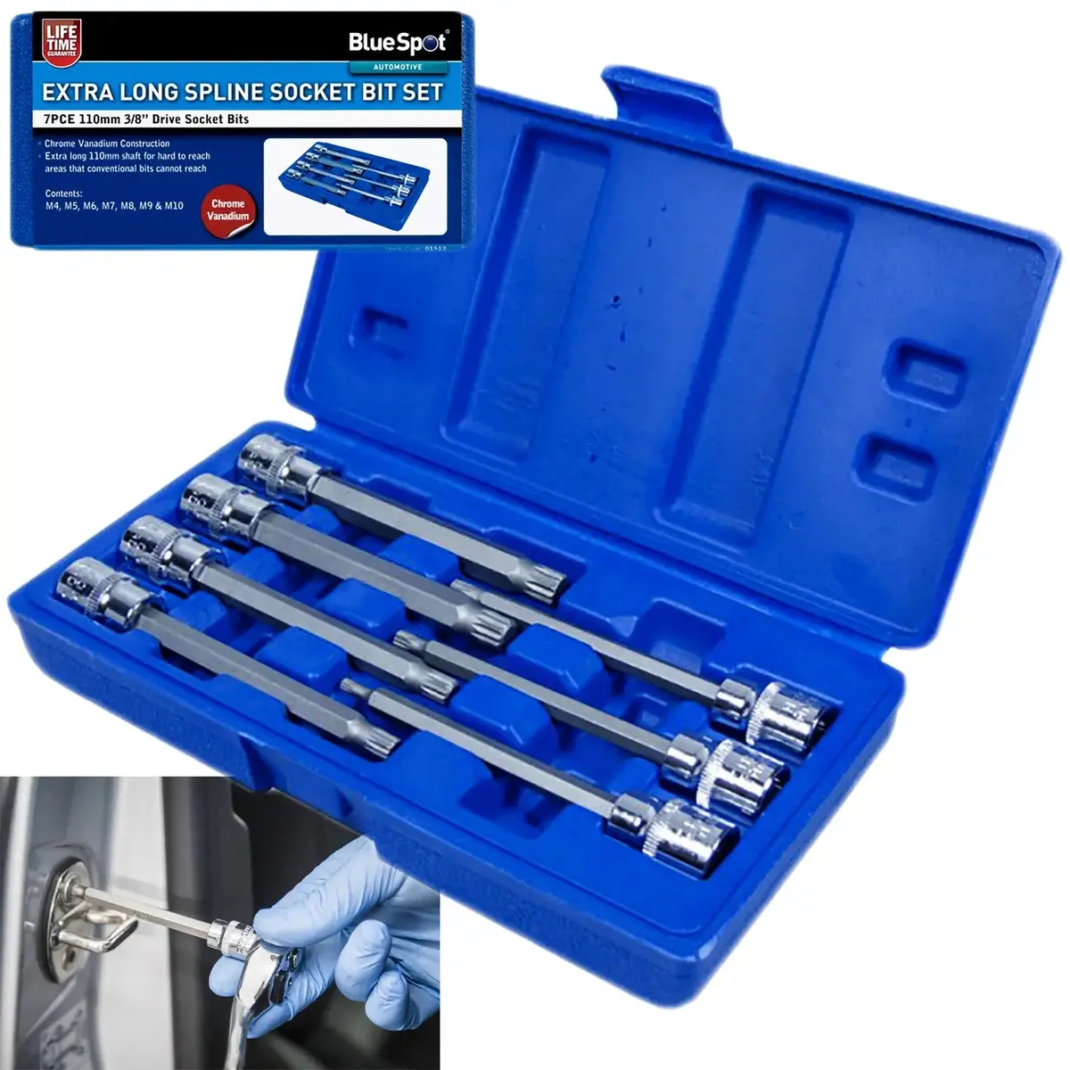 Bluespot Spline Socket Bit Set 7 Piece 110Mm 3/8" Drive Extra Long M4-M10 1