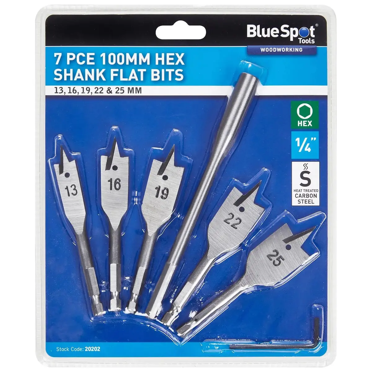Bluespot Stubby Flat Wood Drill Bit Set 7 Pieces 13-25Mm Hex Shank 100Mm Long 1