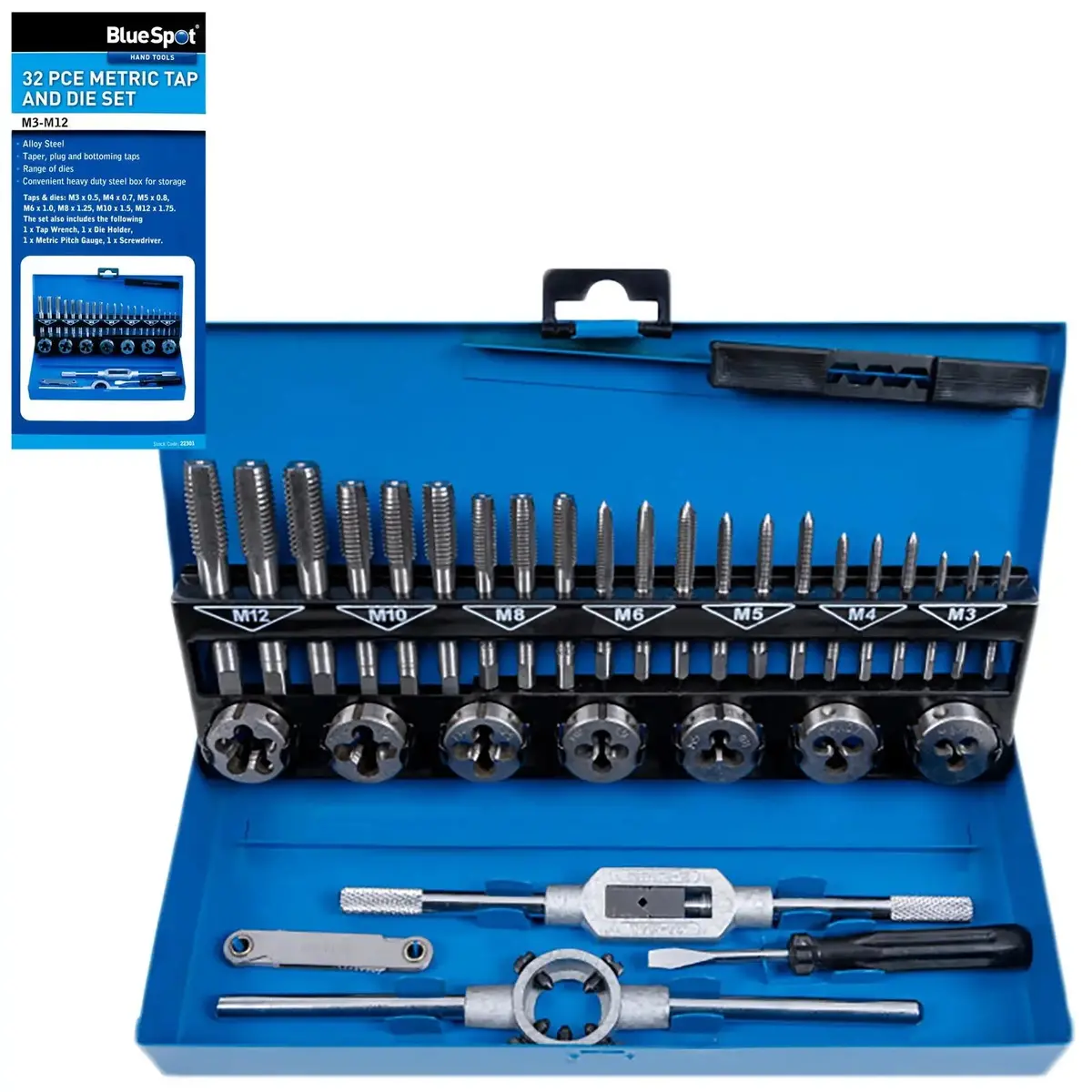 Bluespot Tap And Die Set Metric 32 Piece M3-M12 Steel Storage Box 1