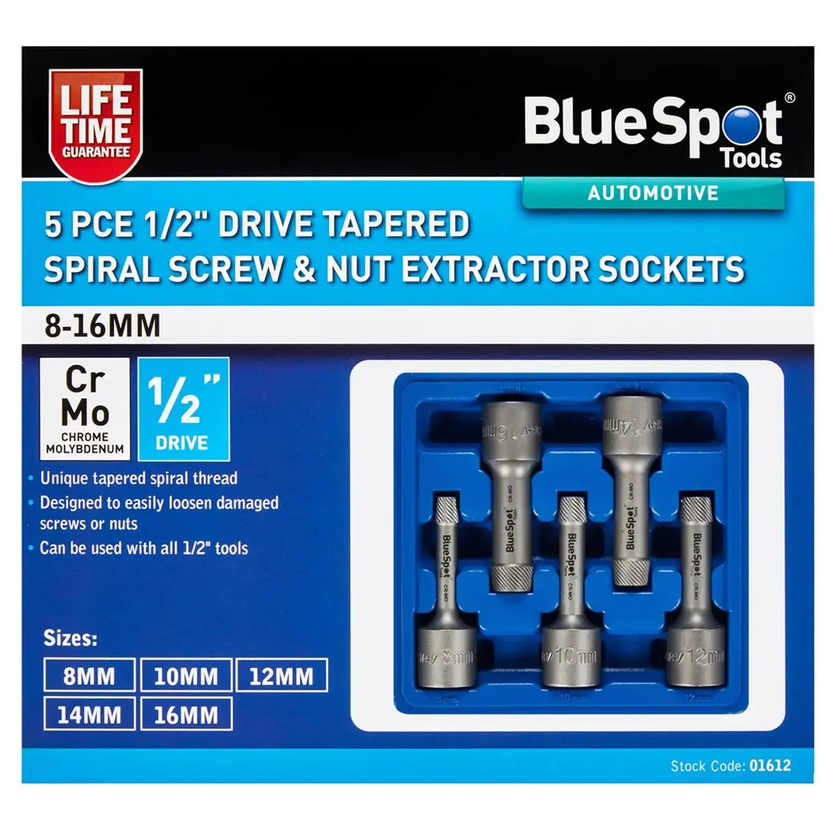 Bluespot Tapered Spiral Screw And Nut Extractor Socket Set 1/2" 5 Piece 1