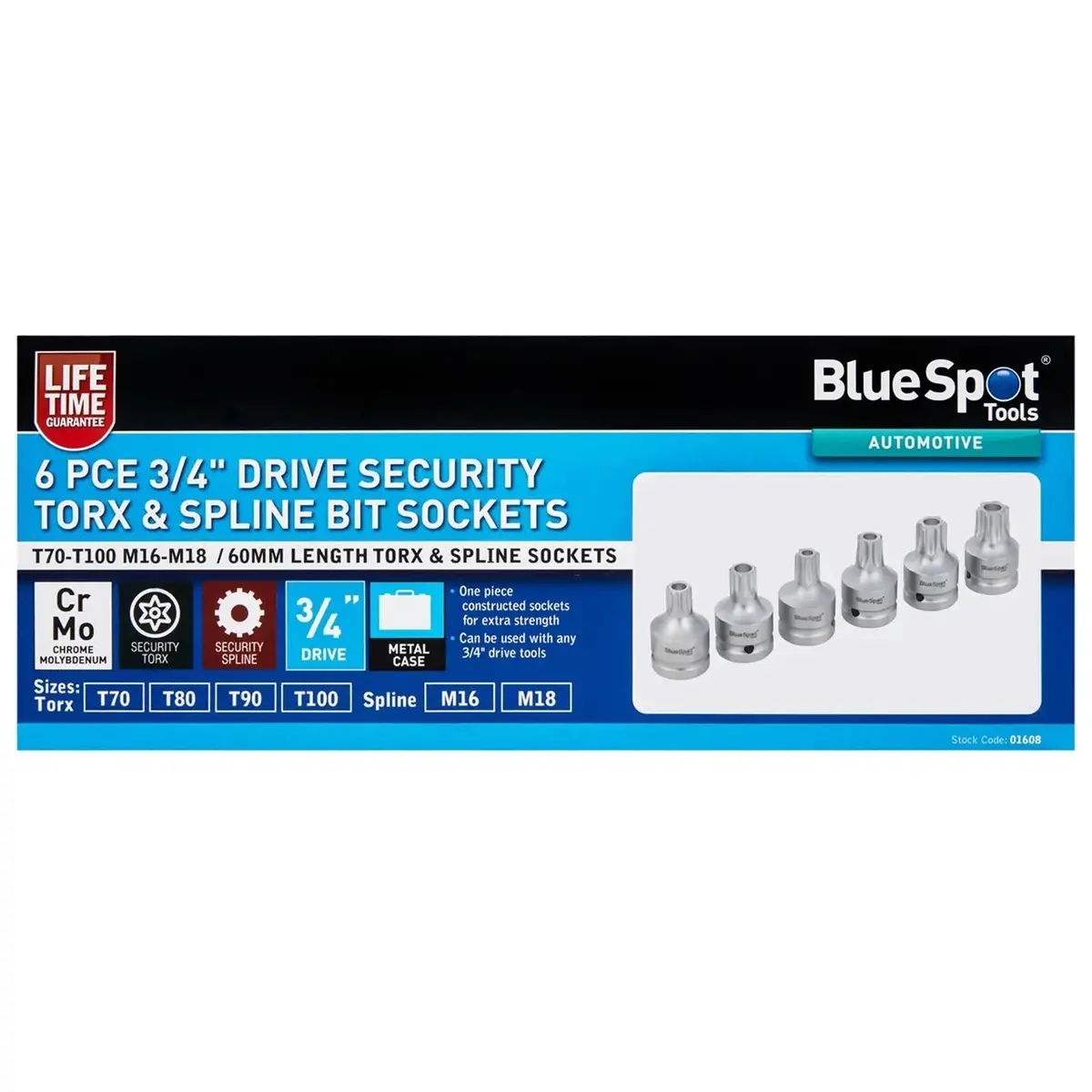Bluespot Torx And Spline Bit Socket Set 3/4" Drive T70-T100 M16-M18 6 Piece 1
