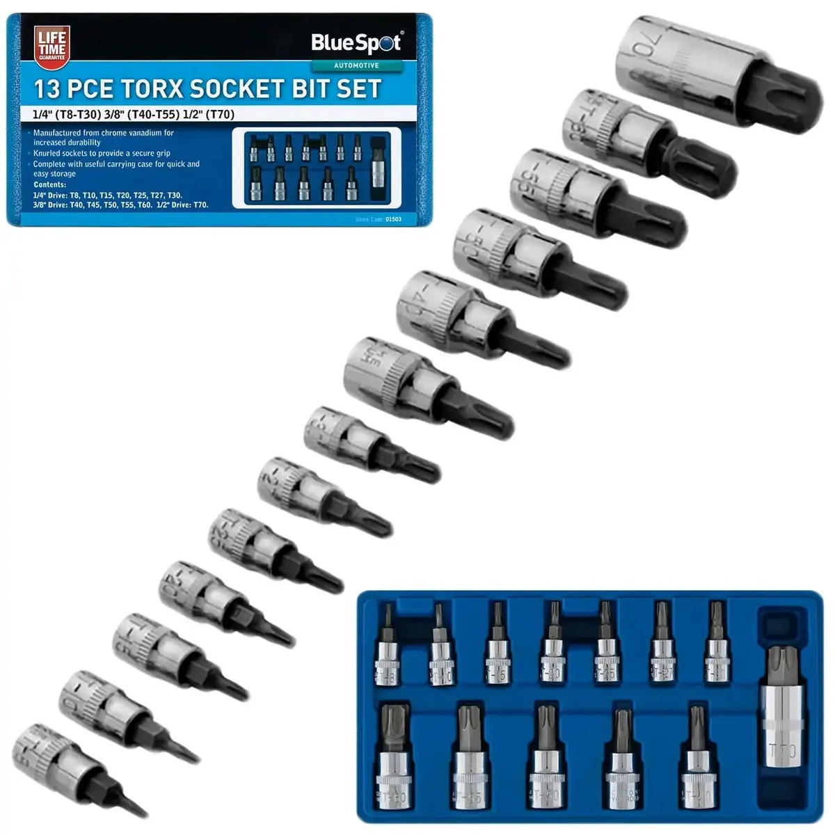 Bluespot Torx Socket Bit Set 13 Piece In Storage Case T8-T70 1