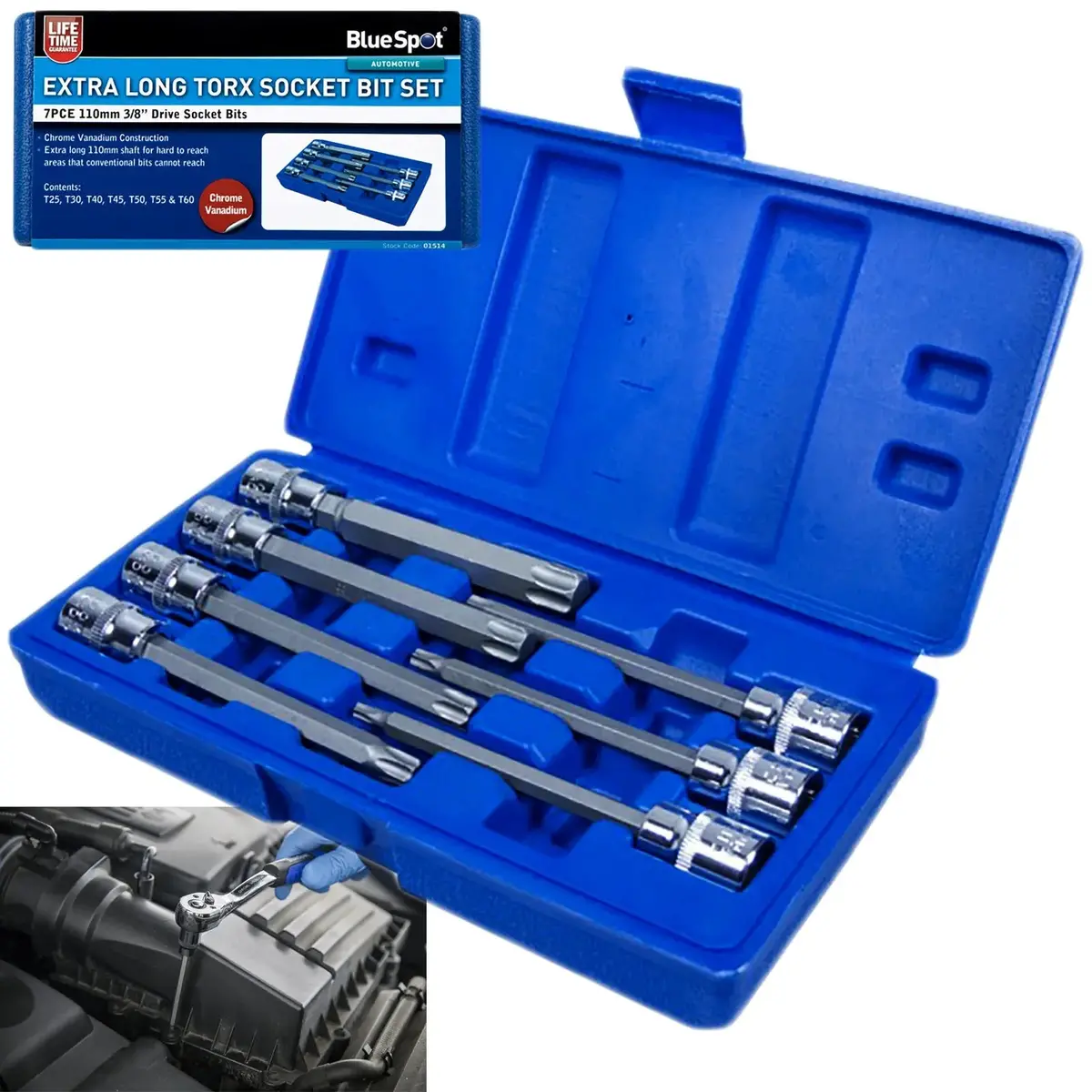 Bluespot Torx Socket Bit Set Extra Long 7 Piece 110Mm 3/8" Drive T25-T60 1