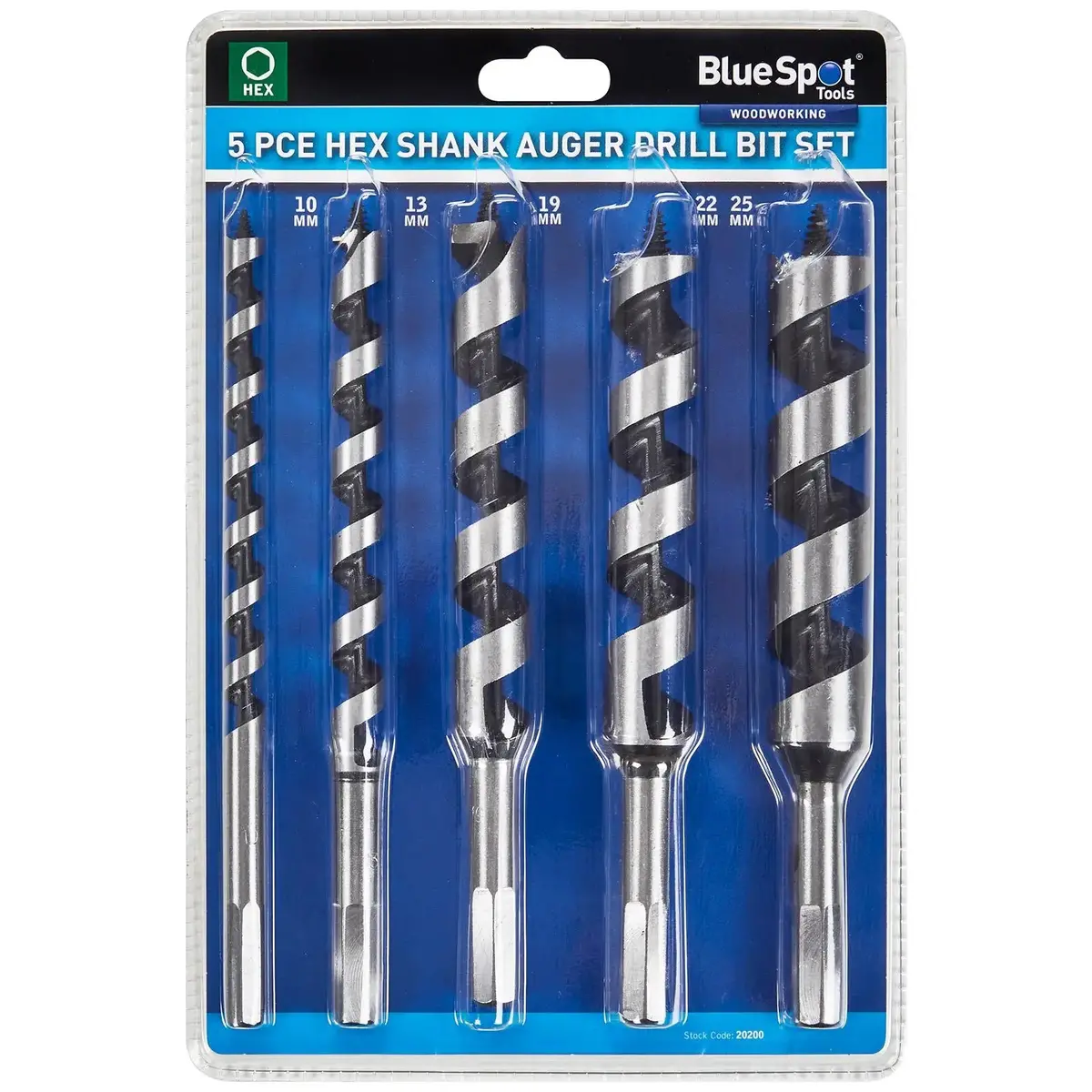 Bluespot Wood Auger Drill Bit Set 10-25Mm Hex Shank 5 Pieces 1