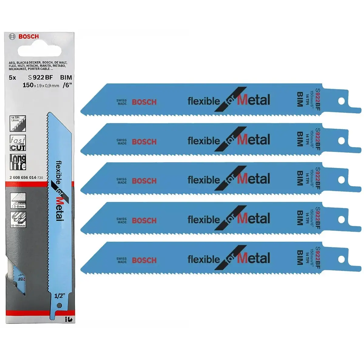 Bosch Recipro Blades Bi-Metal 5 Pack 150Mm 6" S922bf Reciprocating Saw Metal Cutting 1