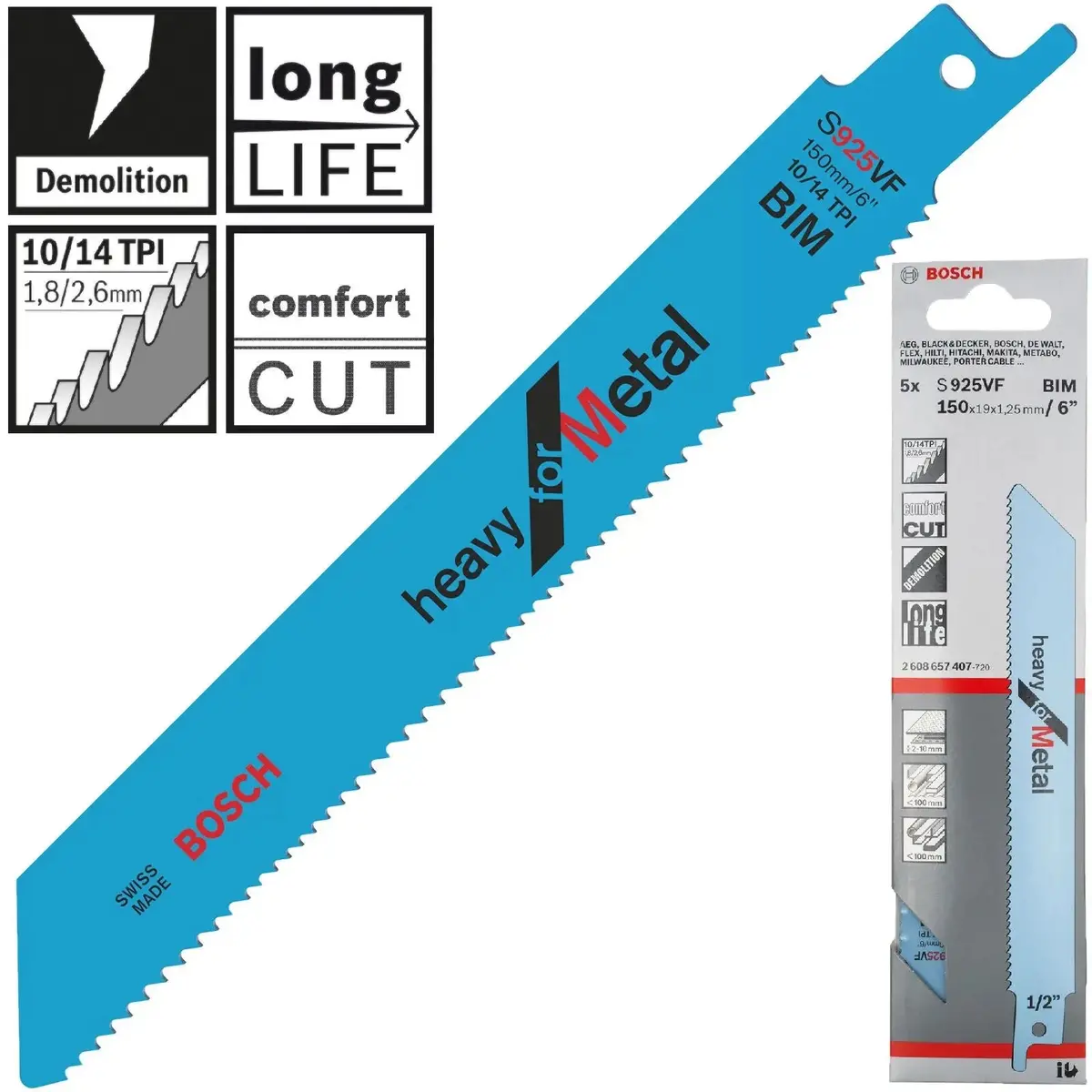Bosch Reciprocating Saw Blades 150Mm 6" 5 Pack S925vf Bi-Metal Recipro Blade Heavy For Metal 1