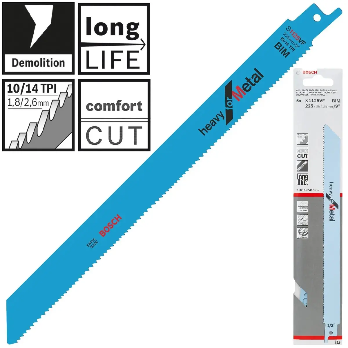 Bosch Reciprocating Saw Blades 225Mm 9" 5 Pack S1125vf Bi-Metal Recipro Blade Heavy For Metal 1