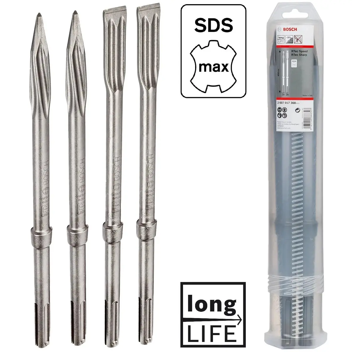 Bosch Sds Max Chisel Set 4 Pieces 400Mm Long Pointed 25Mm Flat 1