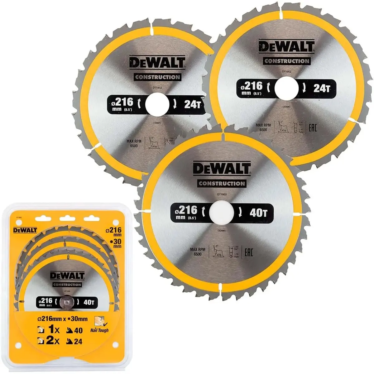 Dewalt Circular Saw Blade Set Construction Wood Nails 216Mm 3 Pack 24T 40T Dt1962 1
