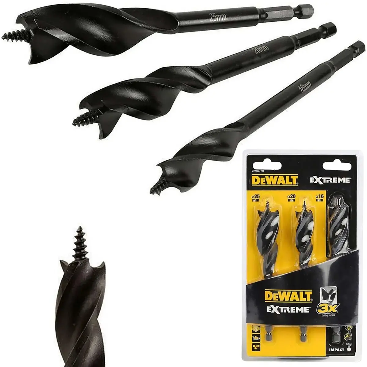 Dewalt Extreme Auger Drill Bit Set Tri Flute Spade Wood Self-Feed 3Pc 152Mm 1