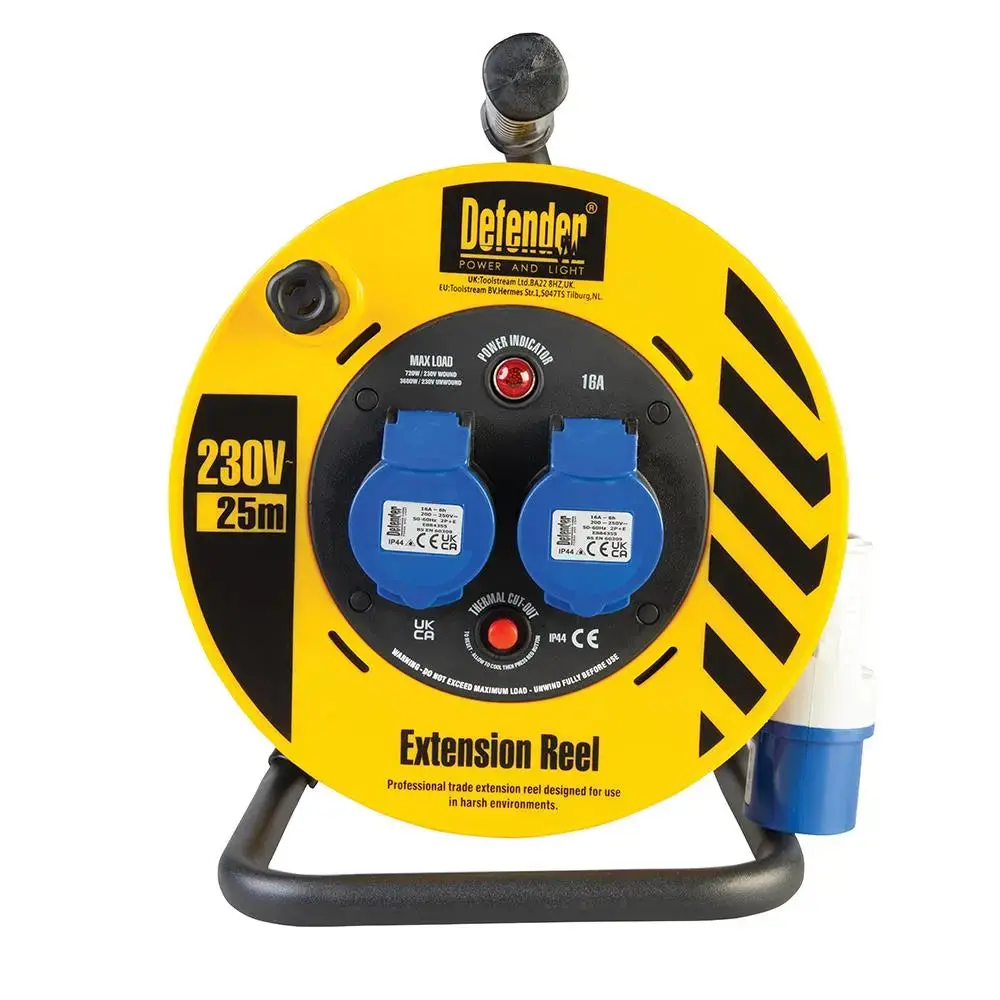 Defender Industrial Cable Reel 25M 230V 16A E86475 1