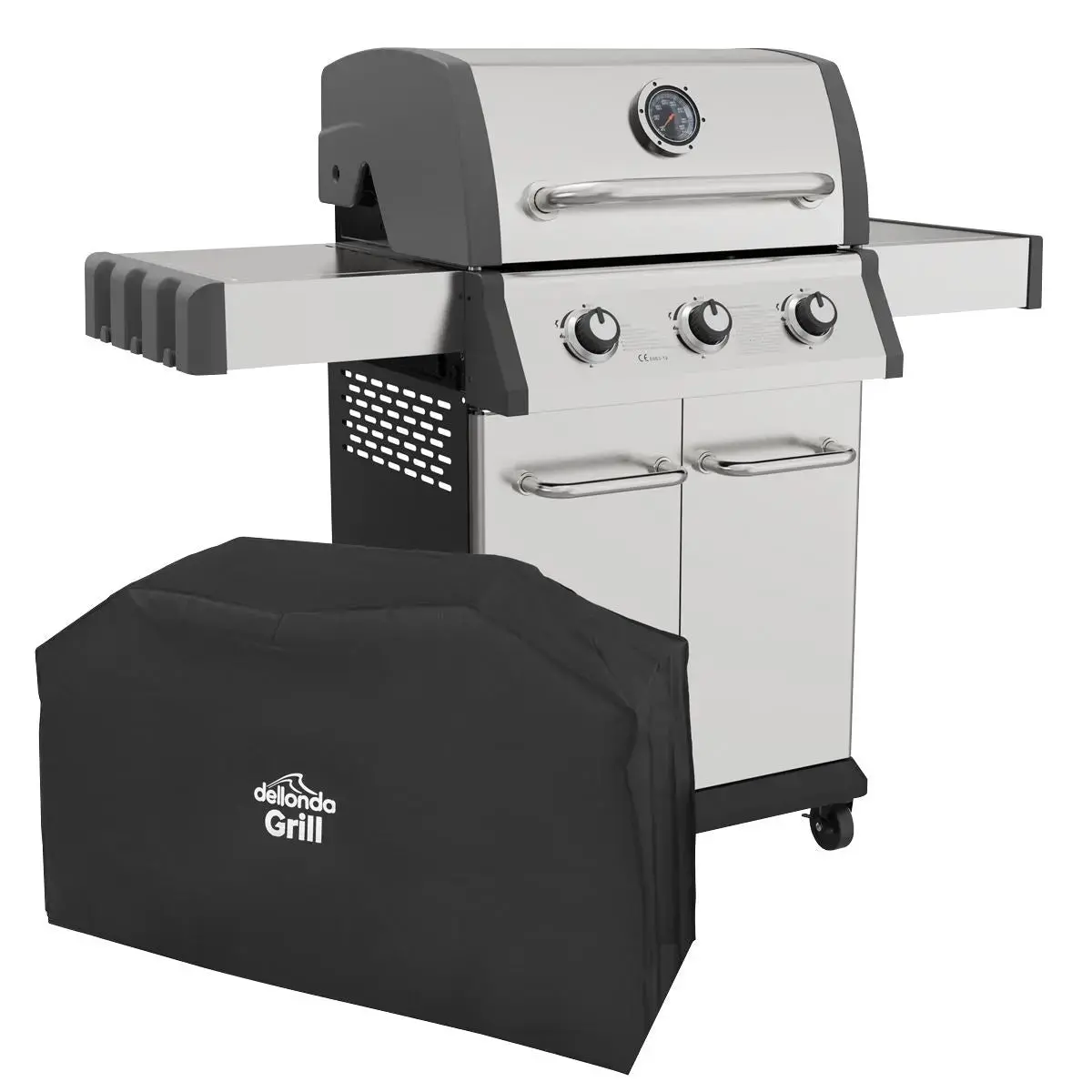 Dellonda 3 Burner Deluxe Gas Bbq Grill With Piezo Ignition And Water Resistant Oxford Style Cover, Stainless Steel 1