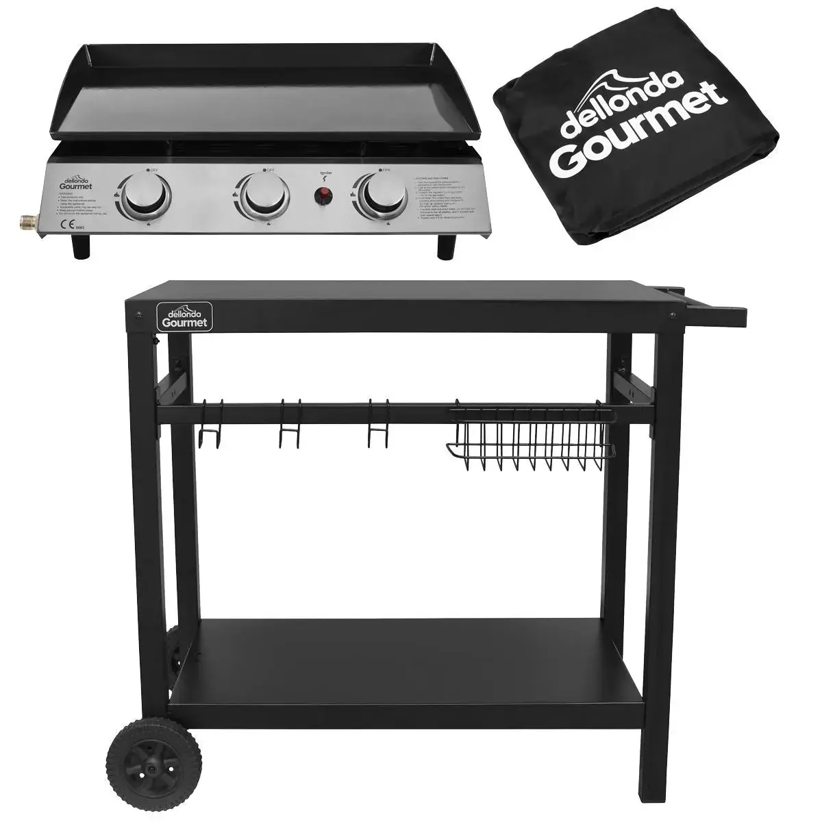 Dellonda 3 Burner Portable Gas Plancha 7.5Kw Bbq Griddle, Stainless Steel, Supplied With Water Resistant Cover & Trolley 1