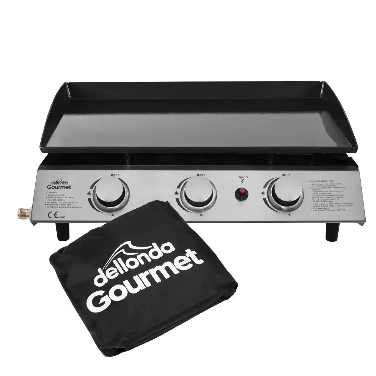 Dellonda 3 Burner Portable Gas Plancha 7.5Kw Bbq Griddle, Supplied With Pvc Cover, Stainless Steel 1