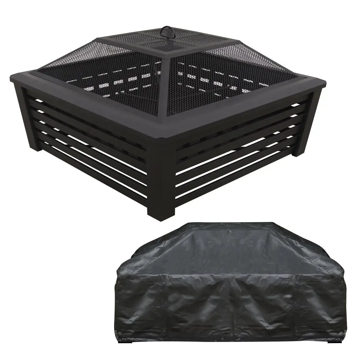 Dellonda 35" Square Outdoor Fire Pit, Mesh Screen Lid, Black With Water Resistant Drawstring Cover 1