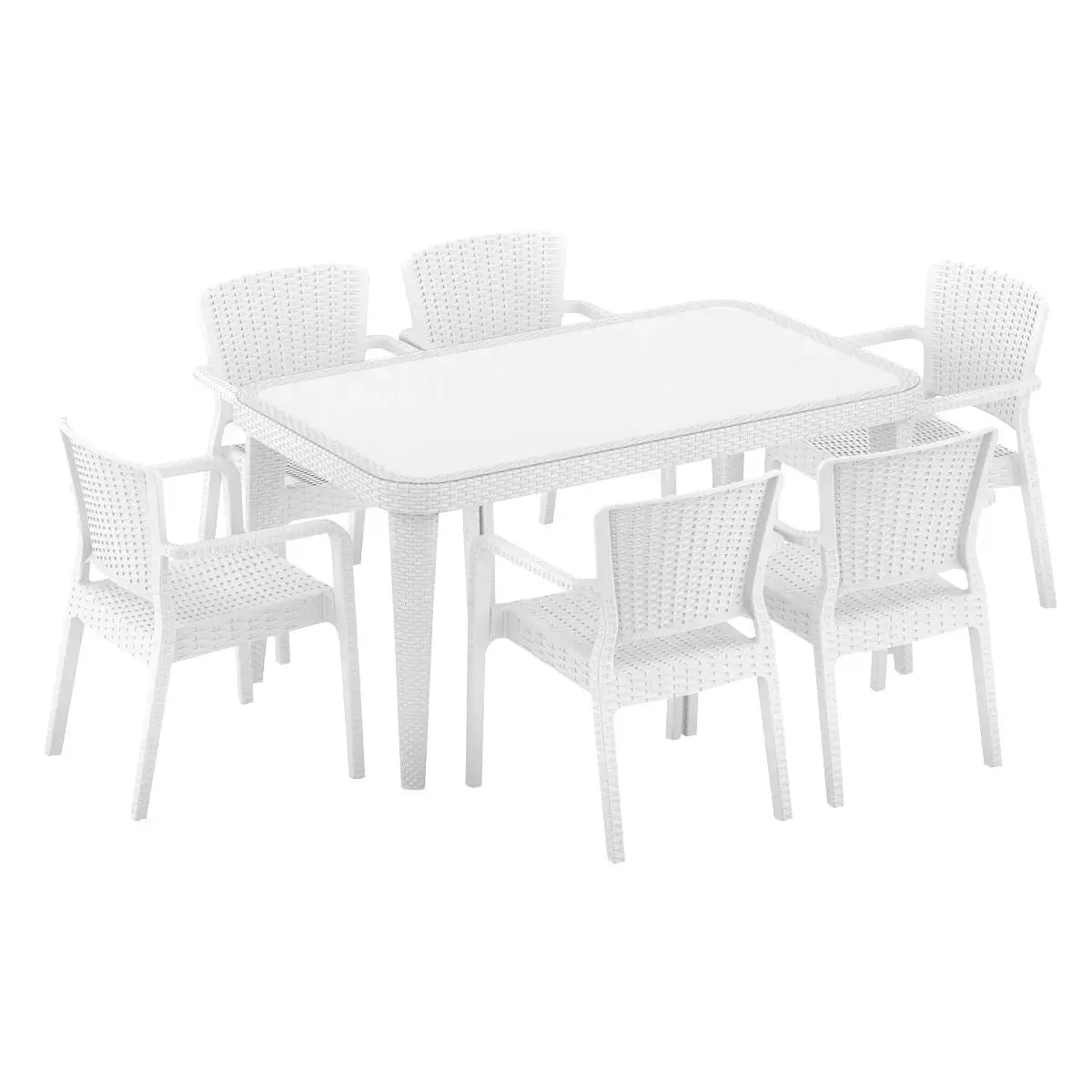 Dellonda 7-Piece Dining Set Weather-Resistant Polypropylene/Fibreglass , Tempered Glass Table Top, Stackable Chairs - White 1