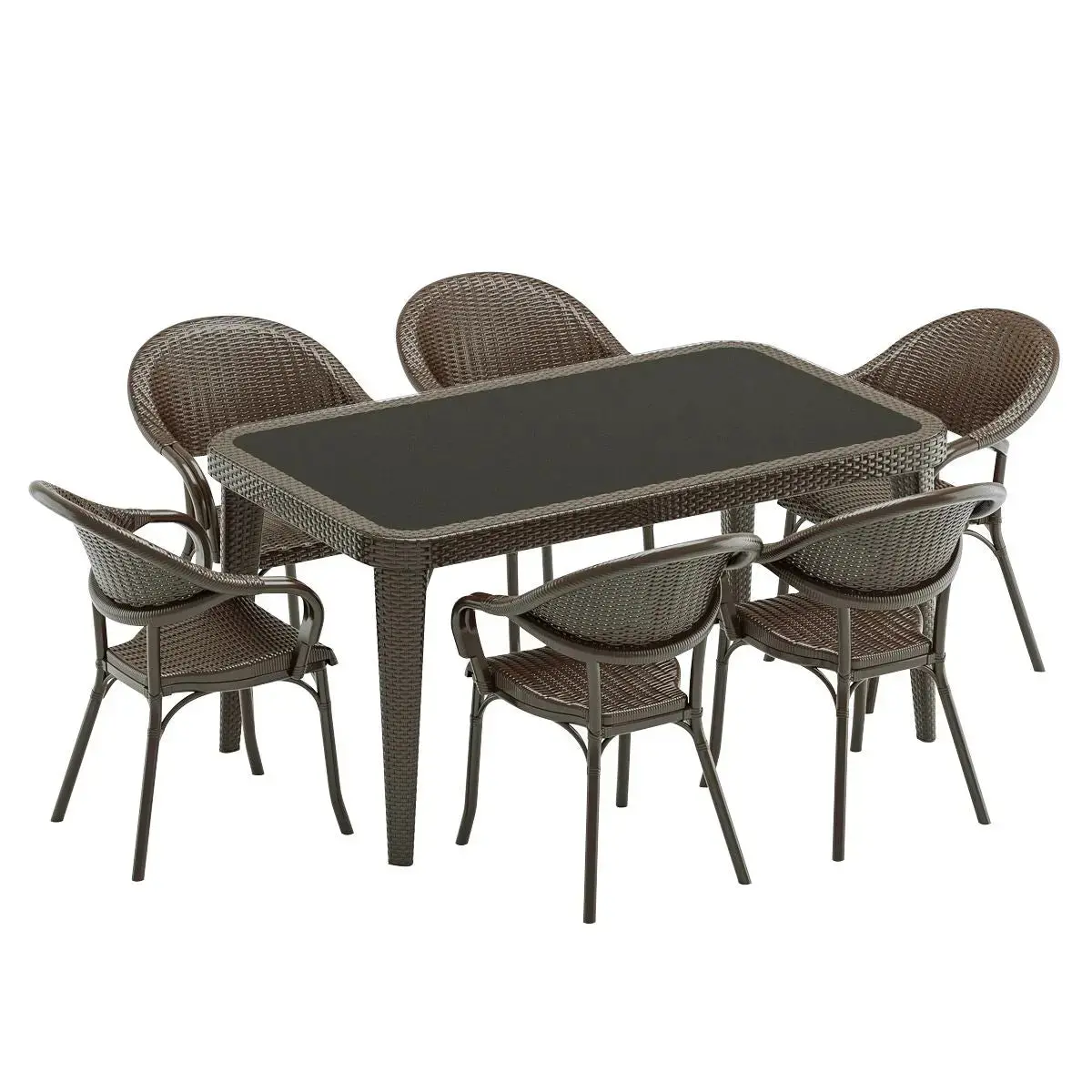 Dellonda 7-Piece Dining Set Weather-Resistant Polypropylene/Fibreglass,Tempered Glass Tabletop, Stackable Chairs - Wenge 1