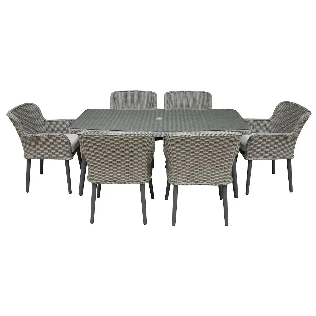 Dellonda Buxton 7 Piece Rattan Wicker Outdoor Dining Set With Tempered Glass Table Top, Grey 1