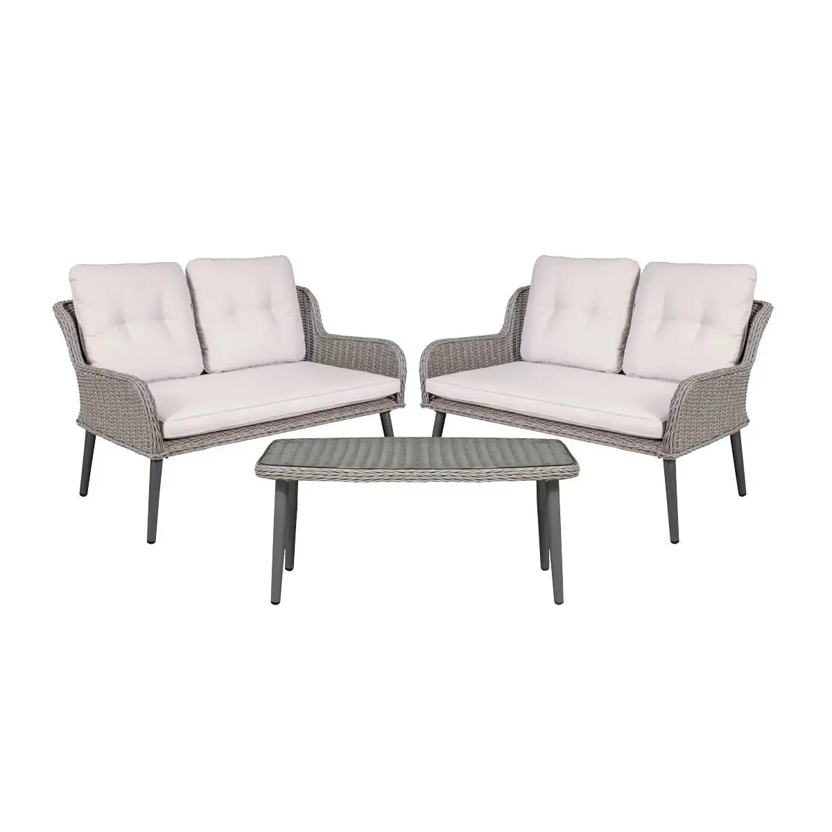 Dellonda Buxton Rattan Wicker 3 Piece Outdoor Balcony Coffee Table Set, Grey 1