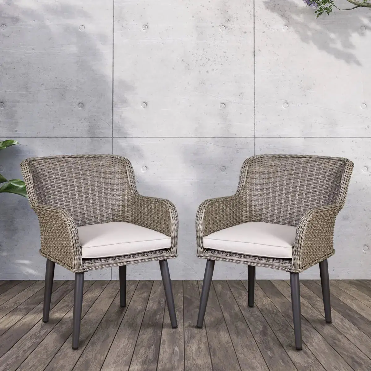 Dellonda Buxton Rattan Wicker Outdoor Dining Armchairs With Cushion, Set Of 2, Grey 2
