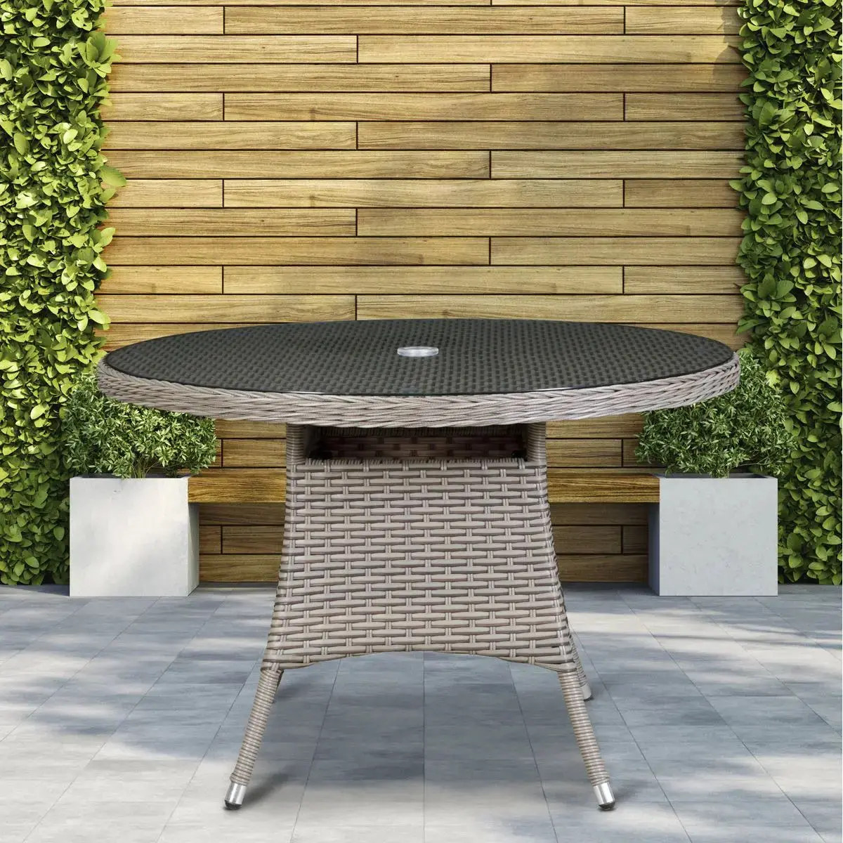 Dellonda Chester Rattan Wicker Outdoor Dining Table With Tempered Glass Top, Brown 2