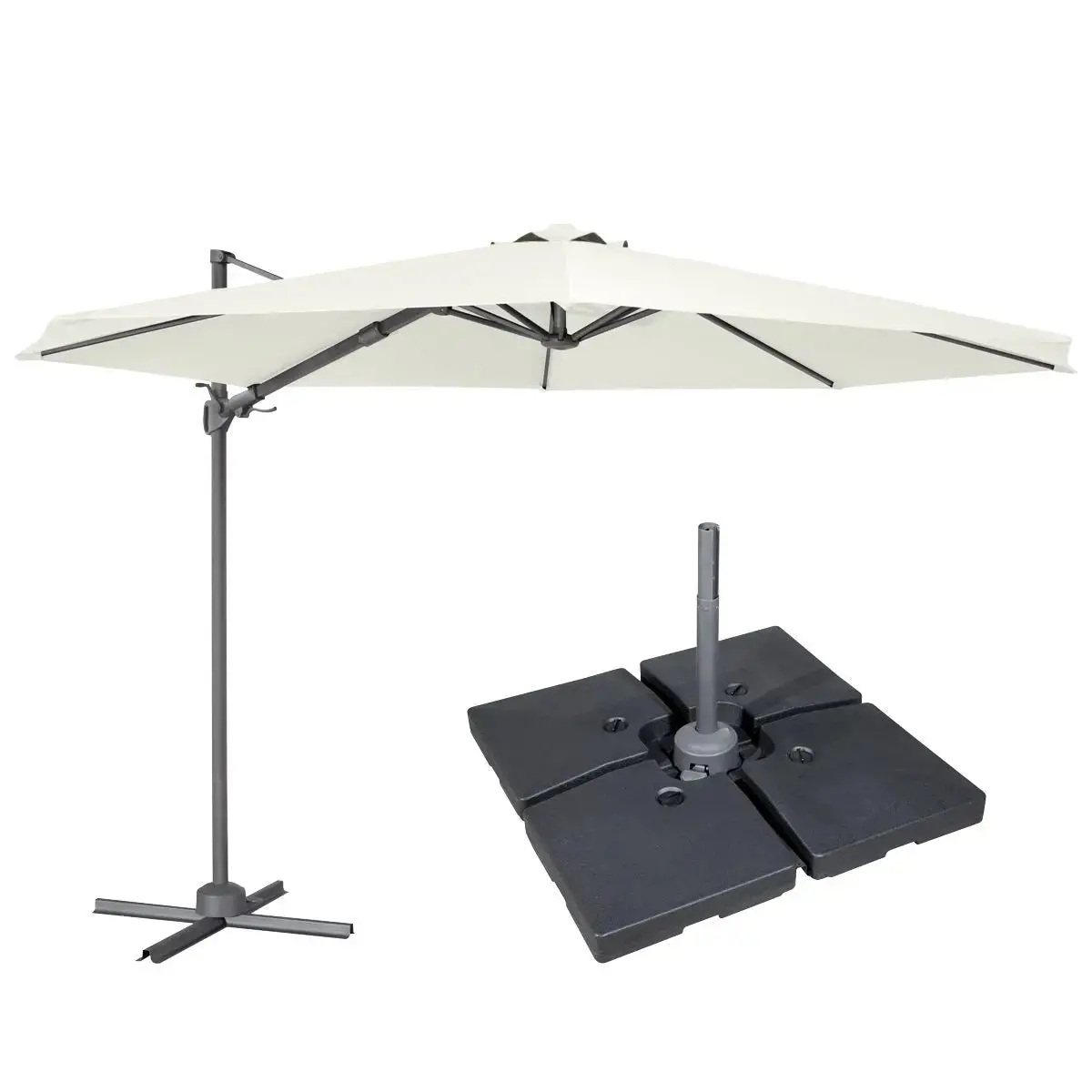 Dellonda Ø3m Cantilever Parasol/Umbrella, Cover And Base Bundle, 8 Rib, Crank Handle, 360° Rotation, 60° Tilt, Cream Canopy 1