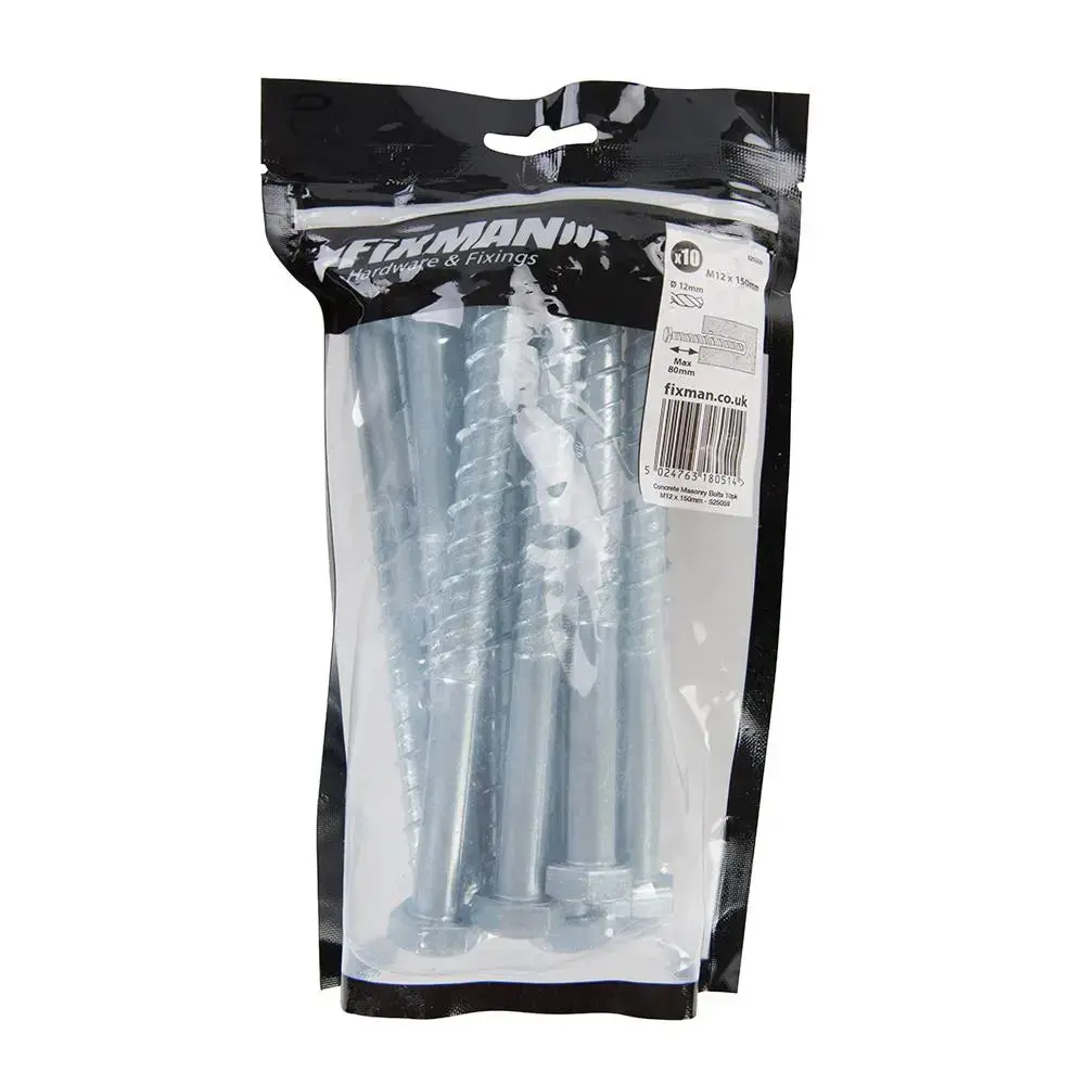 Fixman Concrete Masonry Bolts 10Pk M12 X 150Mm 525059 1