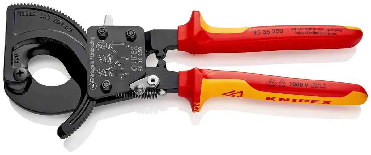 Knipex Cable Cutter Ratchet Action 32Mm Diameter Cutting Capacity 250Mm Vde Insulated Multi Component Grips 95 36 250 1