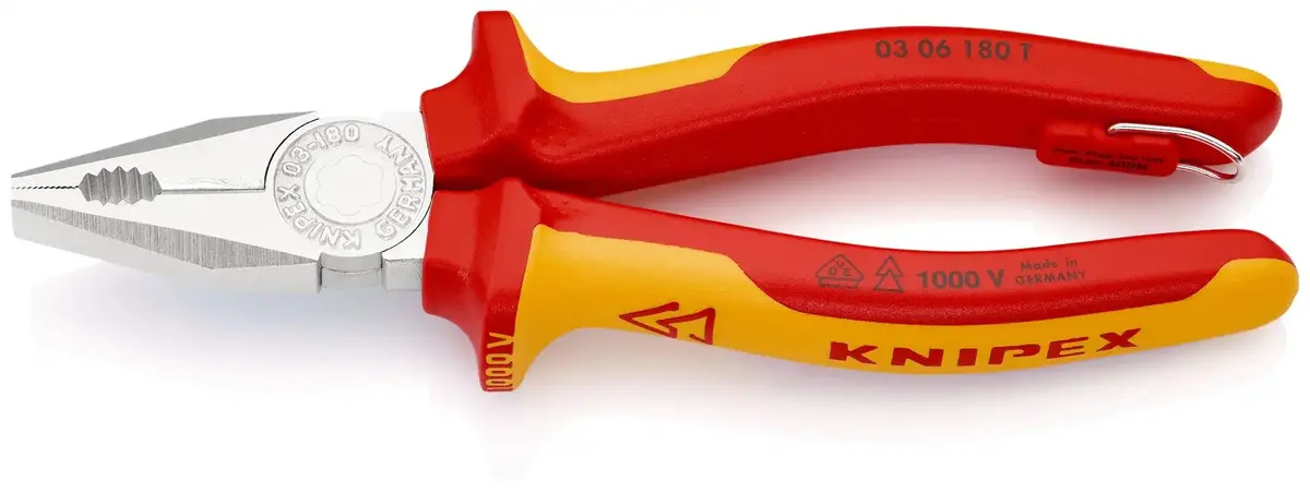 Knipex Combination Pliers 180Mm Vde Chrome Multi Component Grips With Tether Point 03 06 180 T Bk 1