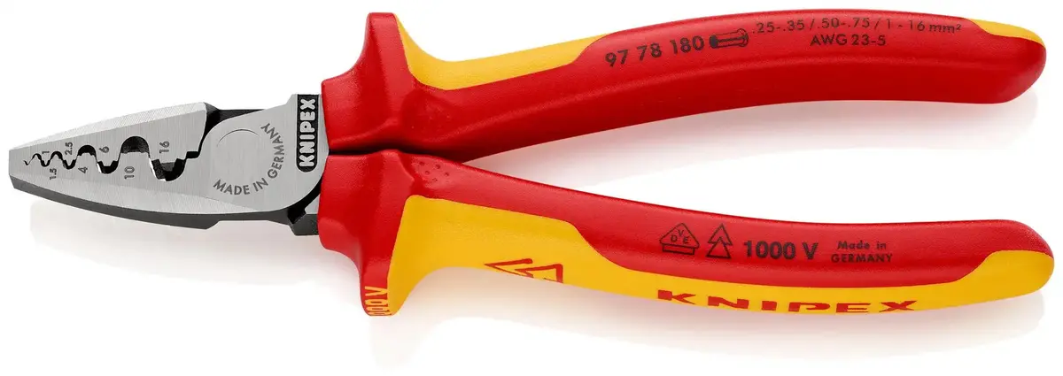 Knipex Crimping Pliers For Wire Ferrules 180Mm 0.25-16Mm² 180Mm Vde Insulated Multi Component Grips 97 78 180 1