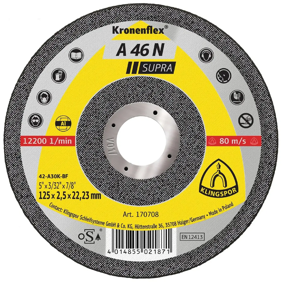 Klingspor Aluminium Cutting Discs Kronenflex A46n Supra 125 X 2.5 X 22.23Mm Depressed Centre 1