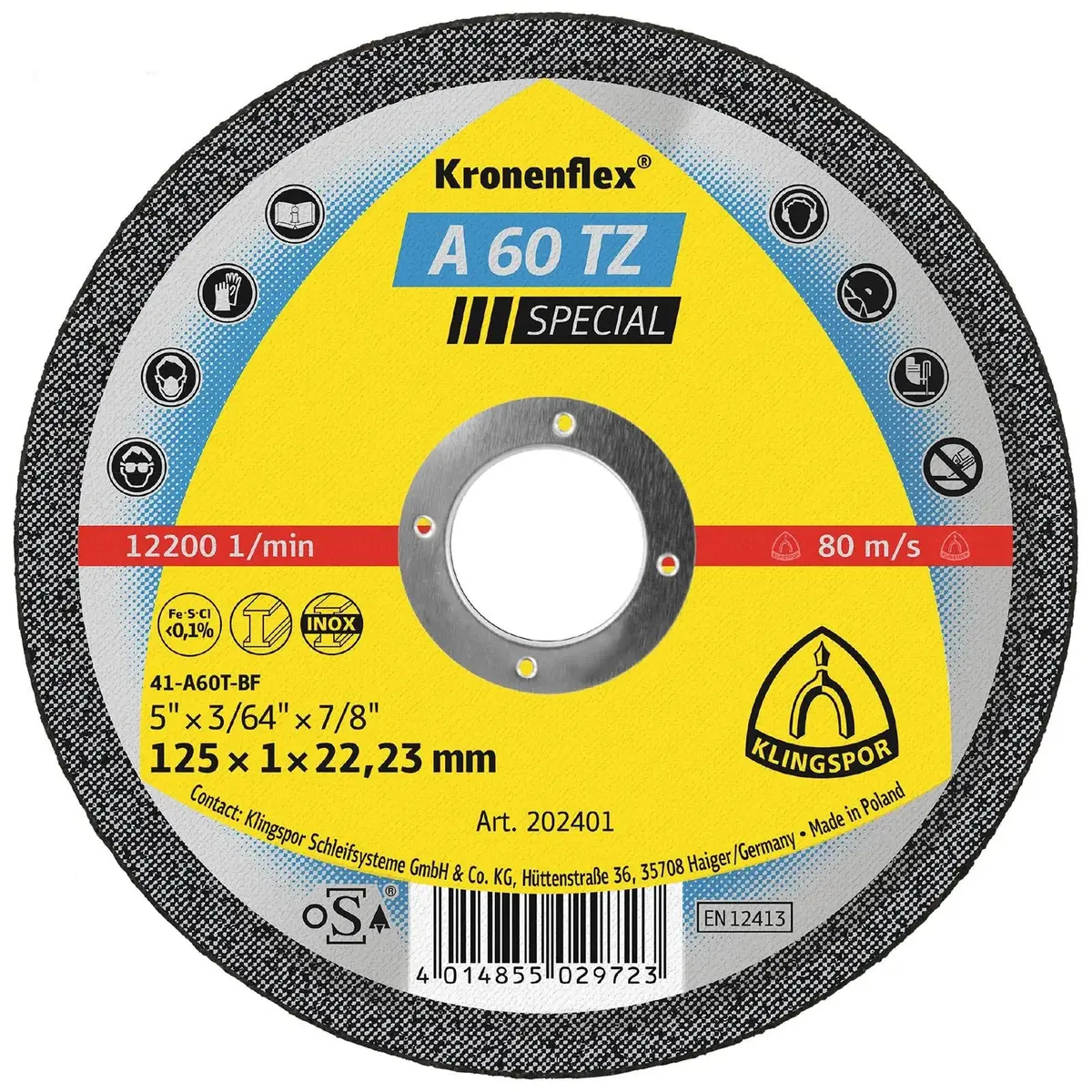 Klingspor Cutting Discs A60tz Kronenflex For Stainless Steel 125Mm X 1Mm X 22.23Mm - Choose Pack Size 1