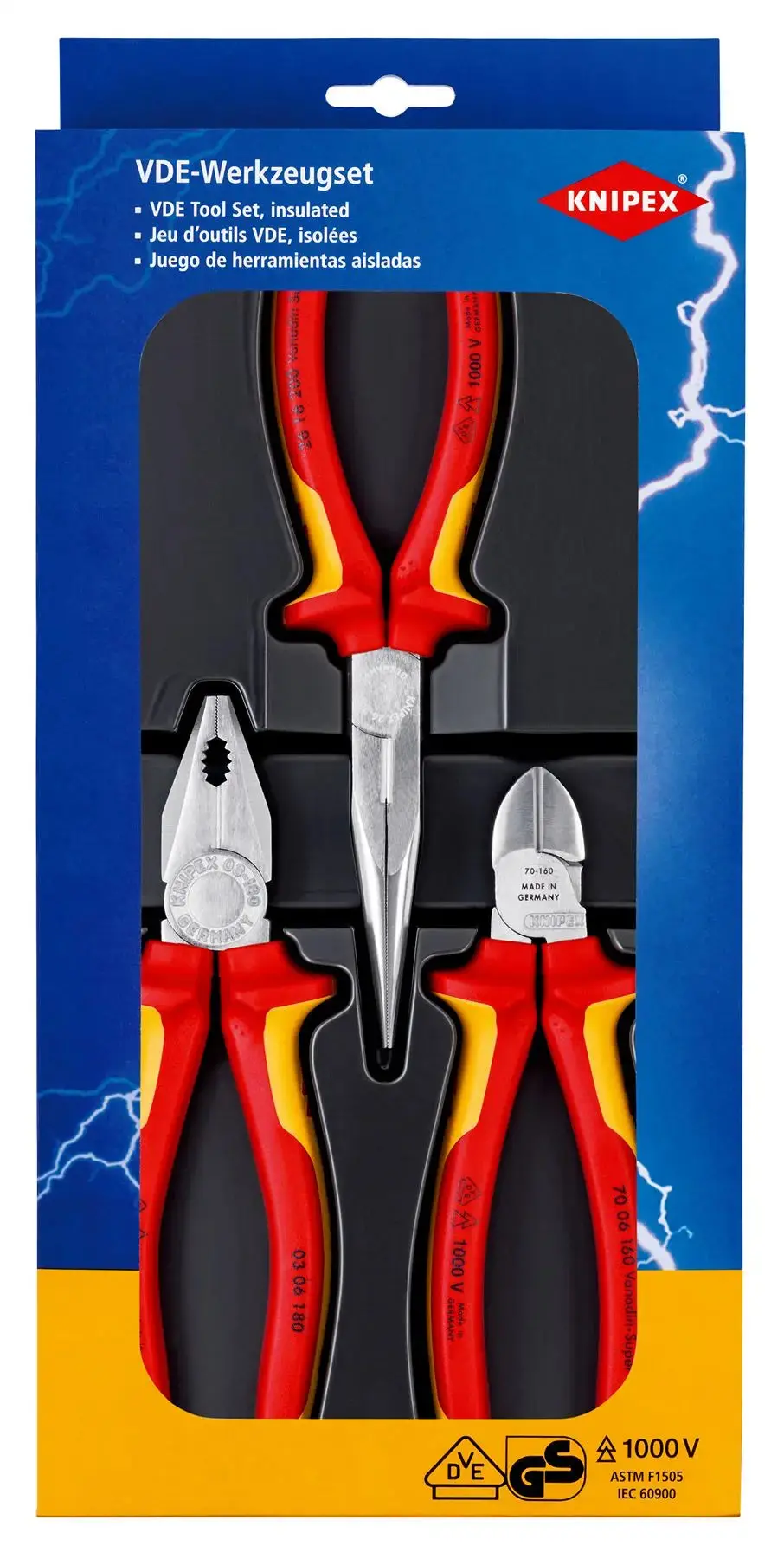 Knipex Electro Set 3 Piece Vde 160Mm Diagonal 180Mm Combination 200Mm Side Cutting Pliers 00 20 12 1