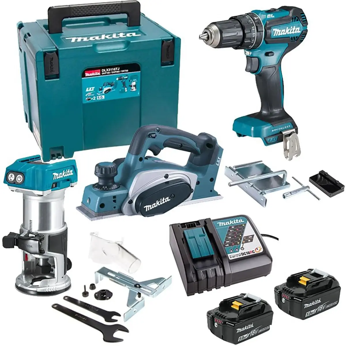 Makita 18V Lxt Cordless Power Tool Kit Drt50z Router Dkp180z Planer Dhp485z Combi Drill Dlx3116tj 1