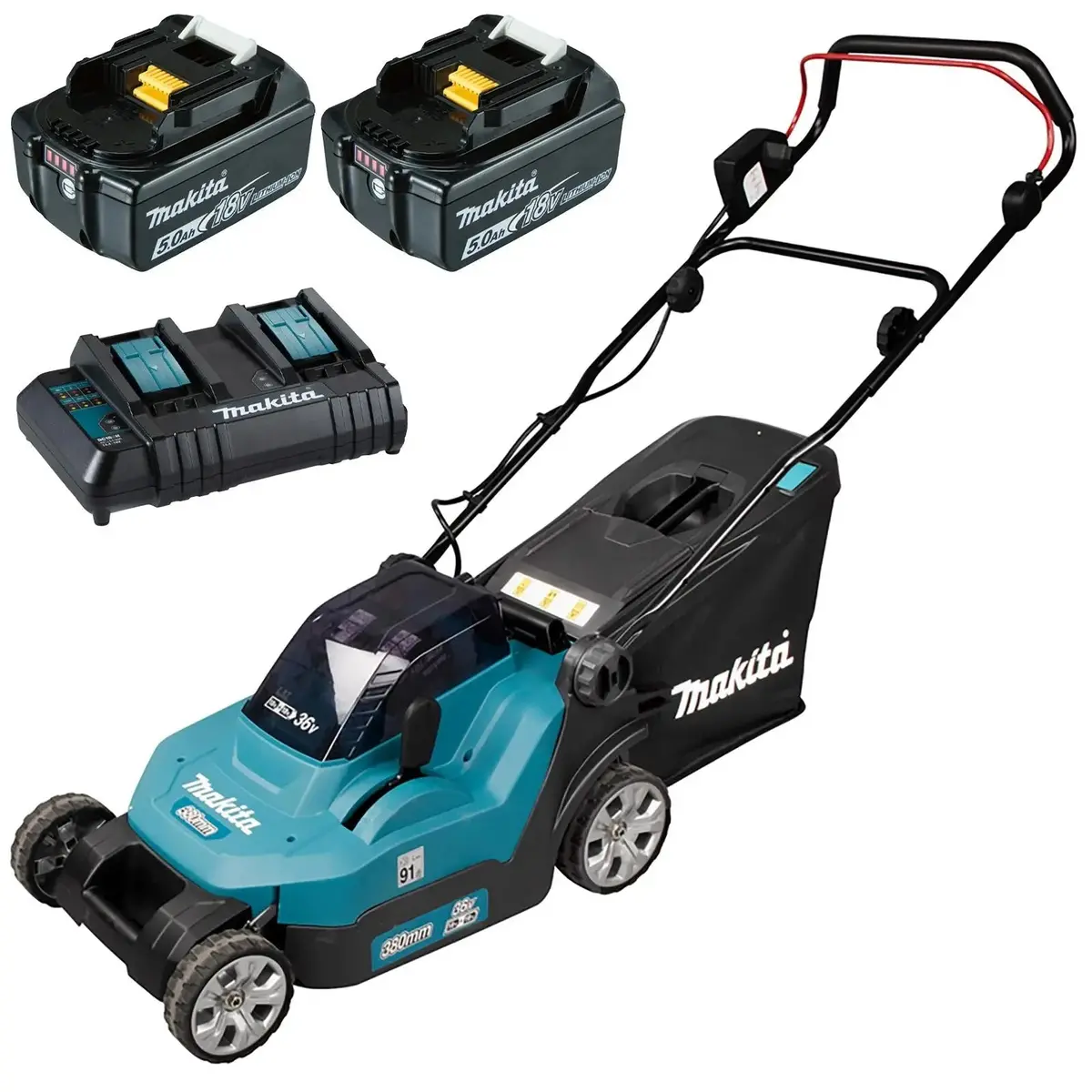Makita 38Cm Lawn Mower Kit Twin 18V Lxt Li-Ion Cordless Garden Grass Outdoor 2 X 5Ah Battery And Dual Charger Dlm382ct2 1