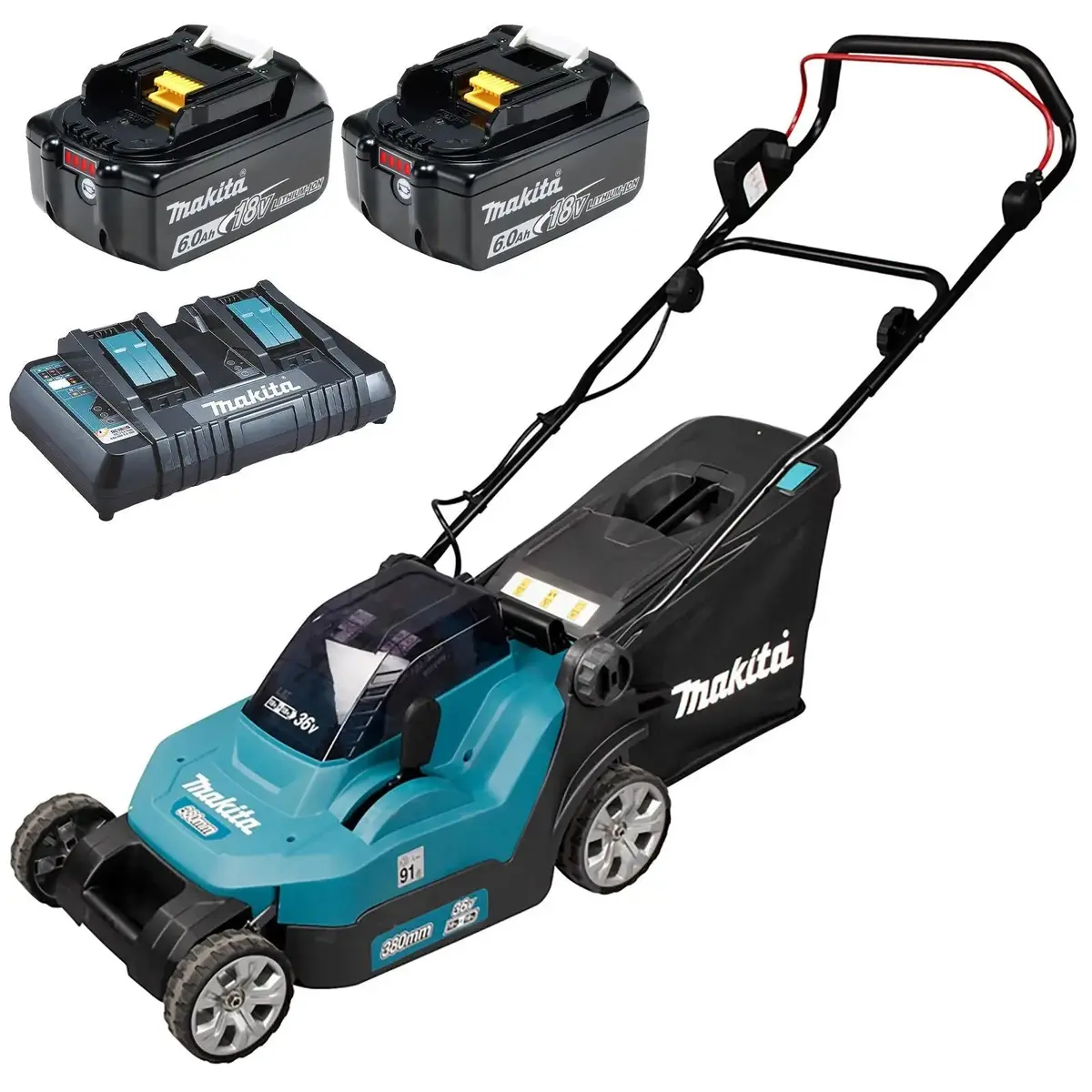 Makita 38Cm Lawn Mower Kit Twin 18V Lxt Li-Ion Cordless Garden Grass Outdoor 2 X 6Ah Battery And Dual Rapid Charger Dlm382pg2 1